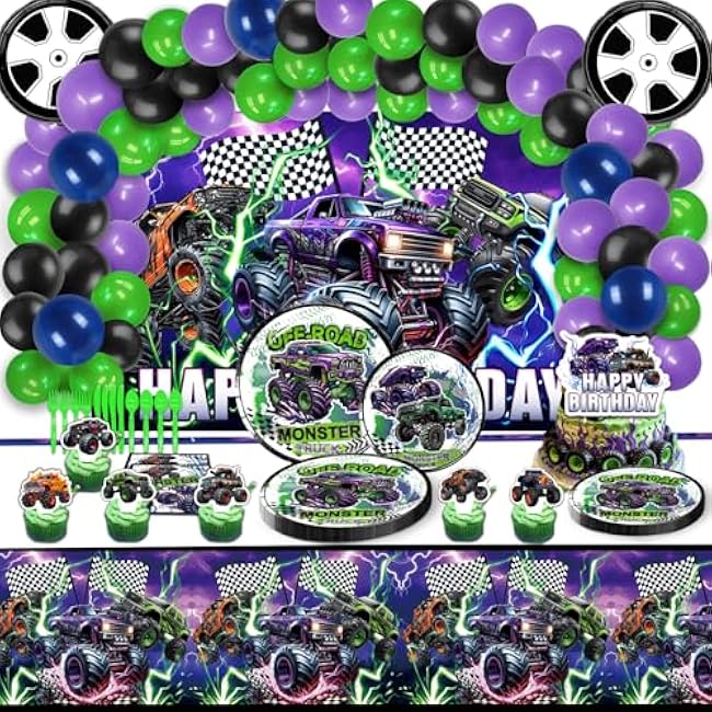 150Pcs Monster Truck Birthday Decorations£¬Monster Truck Party decorations£¬Monster Truck Birthday Party Supplies£¬Include Balloon arch,Backdrop, Cake Toppers£¬Tableware, Tablecloth
