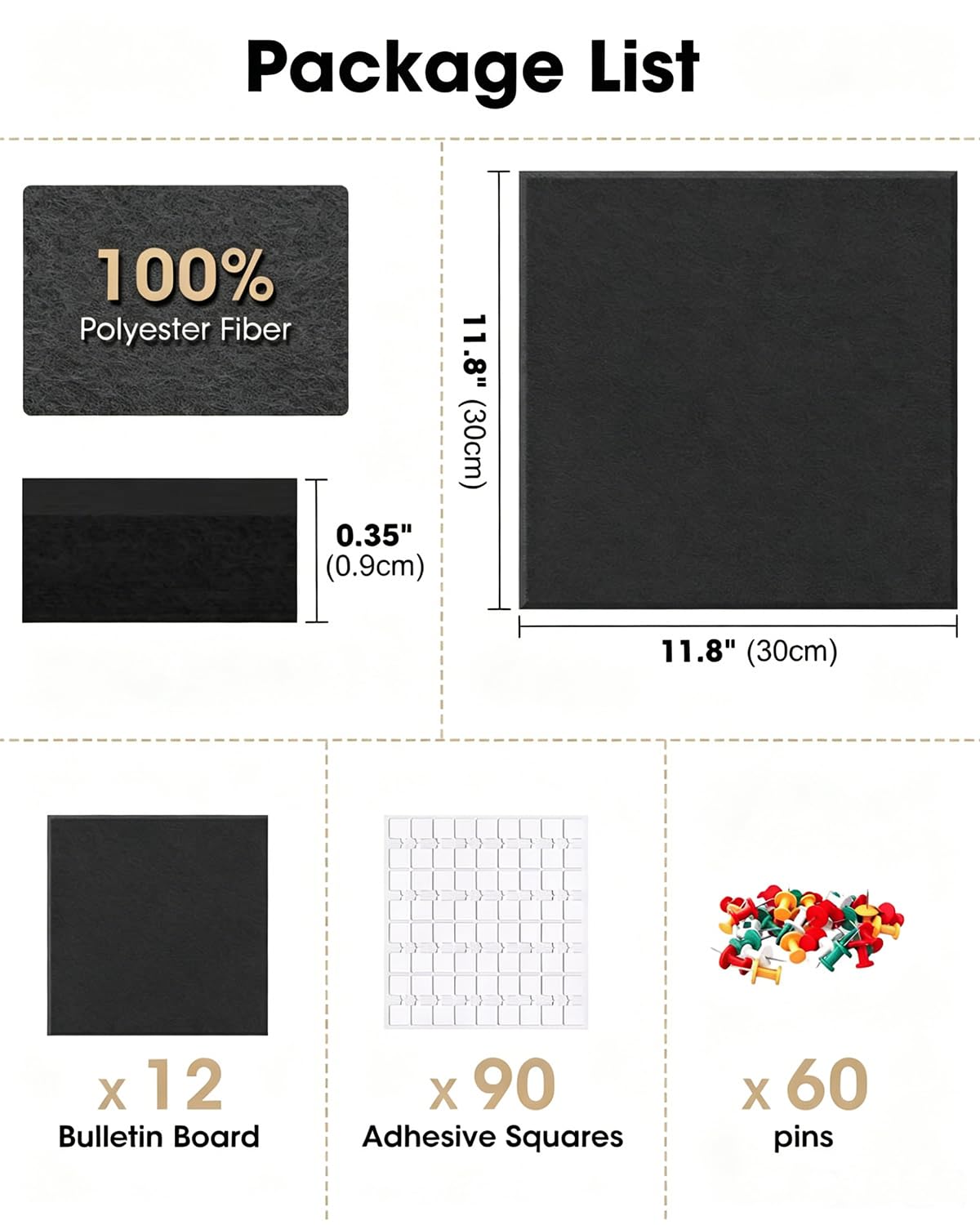 Pinnwand 12er Set selbstklebend,vision board，30x30cm je Tafel, 9mm dick, schallabsorbierend, inkl. Korkwand Alternative，90 bunte Pinnnadeln, für Büro, Küche, Kinderzimmer, Schule