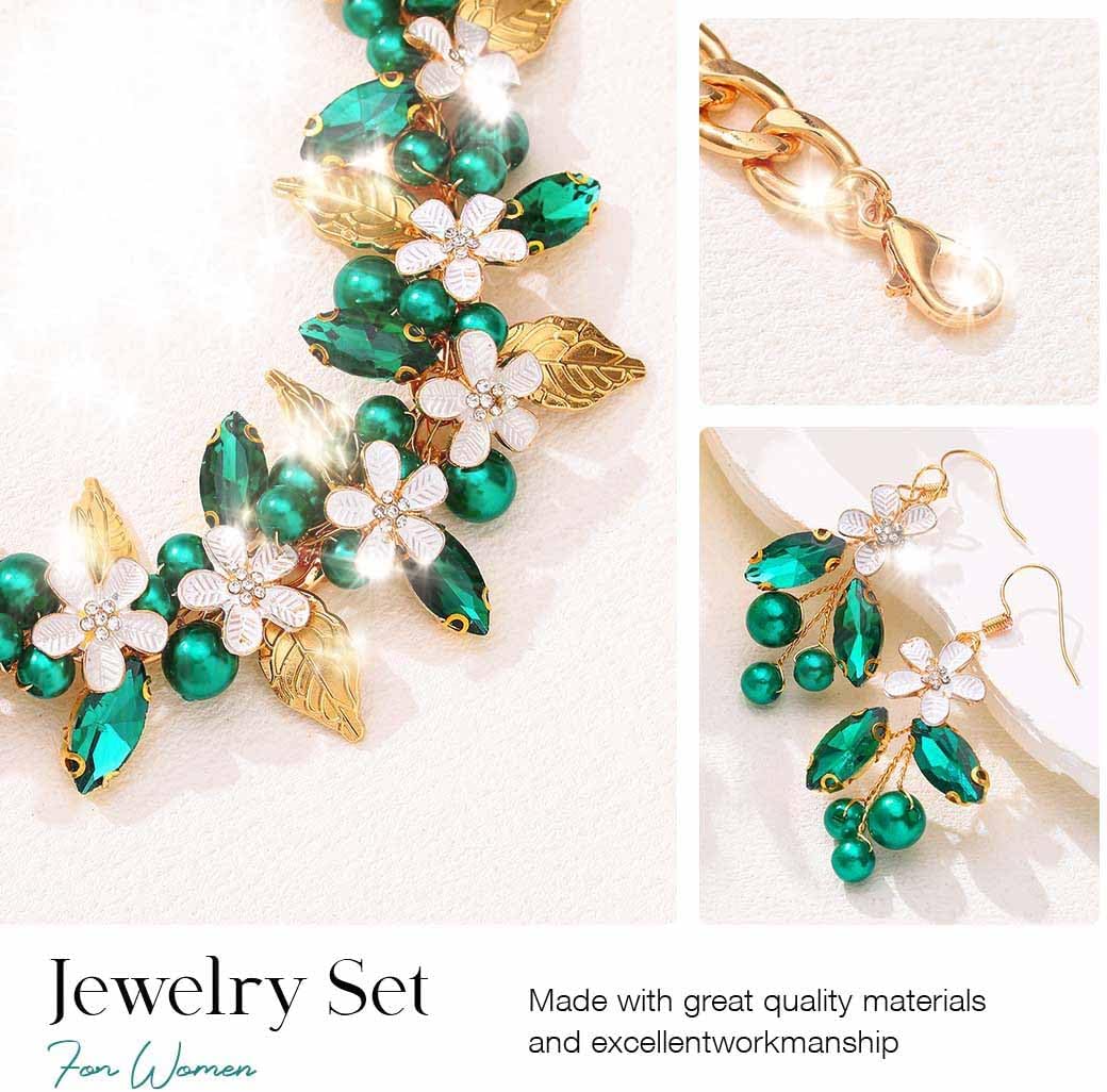 Unicra Flower Bridal Wedding Jewelry Set Gold Green Crystal Necklace Earrings Sets Pearl Formal Costume Jewelry for Women and Brides - Image 4