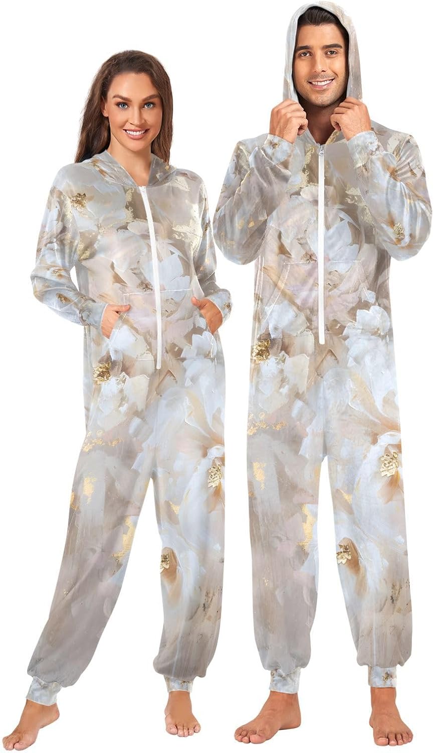 White Beige Flowers Gold Leaf Unisex Adult Onesie Pajamas Comfy One Piece Costume Jumpsuits Novelty Sleepwear Homewear for Men Women