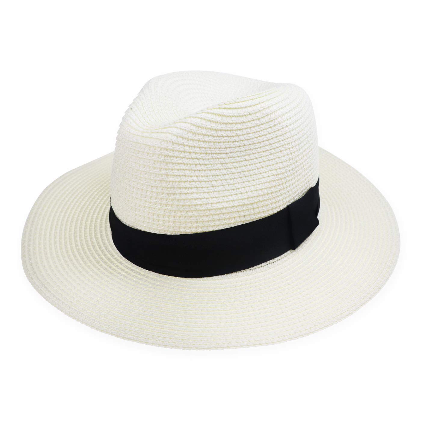 DRESHOW Women Straw Panama Hat Fedora Beach Sun Hat Wide Brim Straw Roll up Hat UPF 50+, Panama Ivory V2
