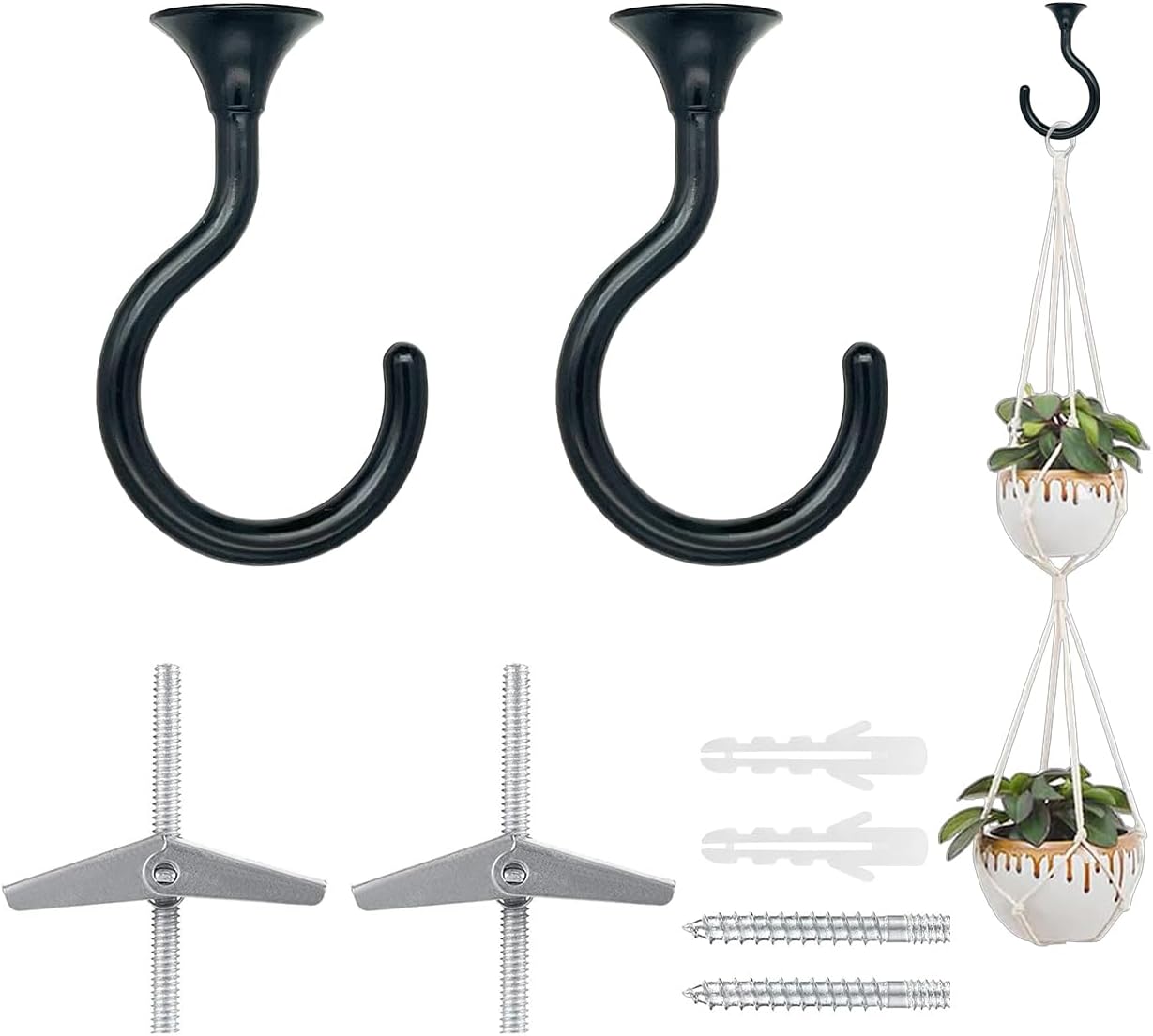 2 Sets 2.4 inch Heavy Duty Swag Ceiling Hooks with Hardware for Hanging Plants, Cavity Wall Fixing, Easy Installation, Holds Up to 30 lbs, Ideal for Home & Garden (Black)