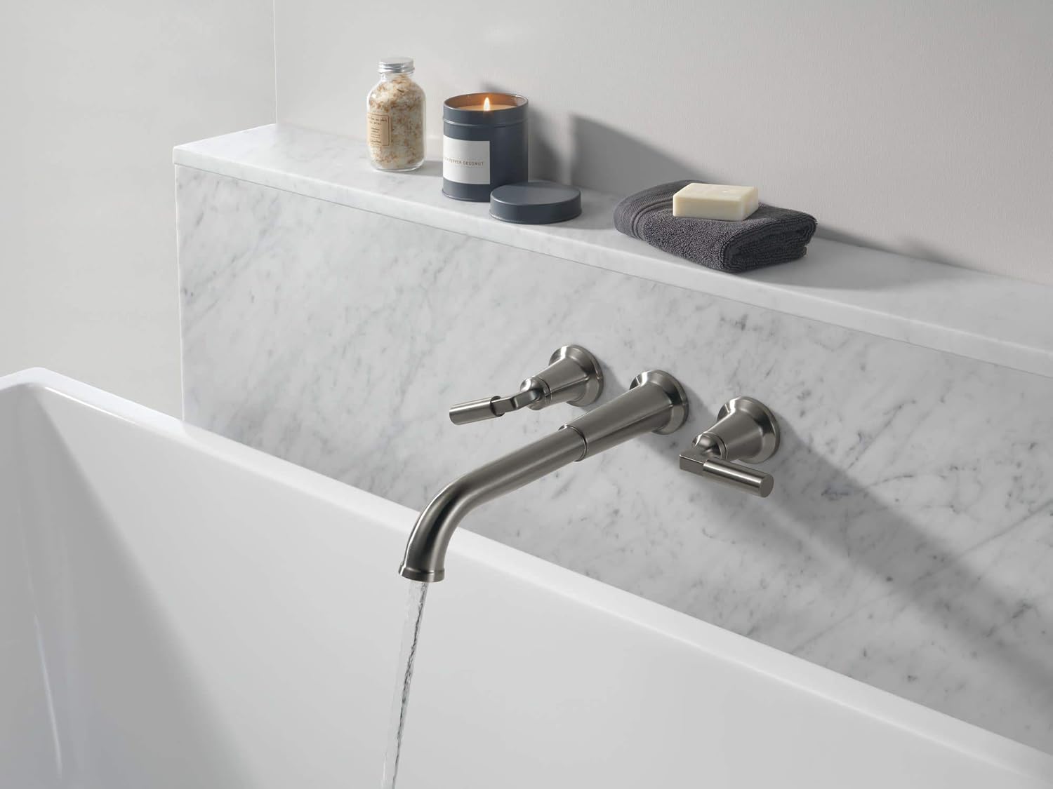 DELTA T5748-WL Bowery Double Handle Wall Mounted Tub Filler Trim - Less Rough in - Brilliance Polished Nickel