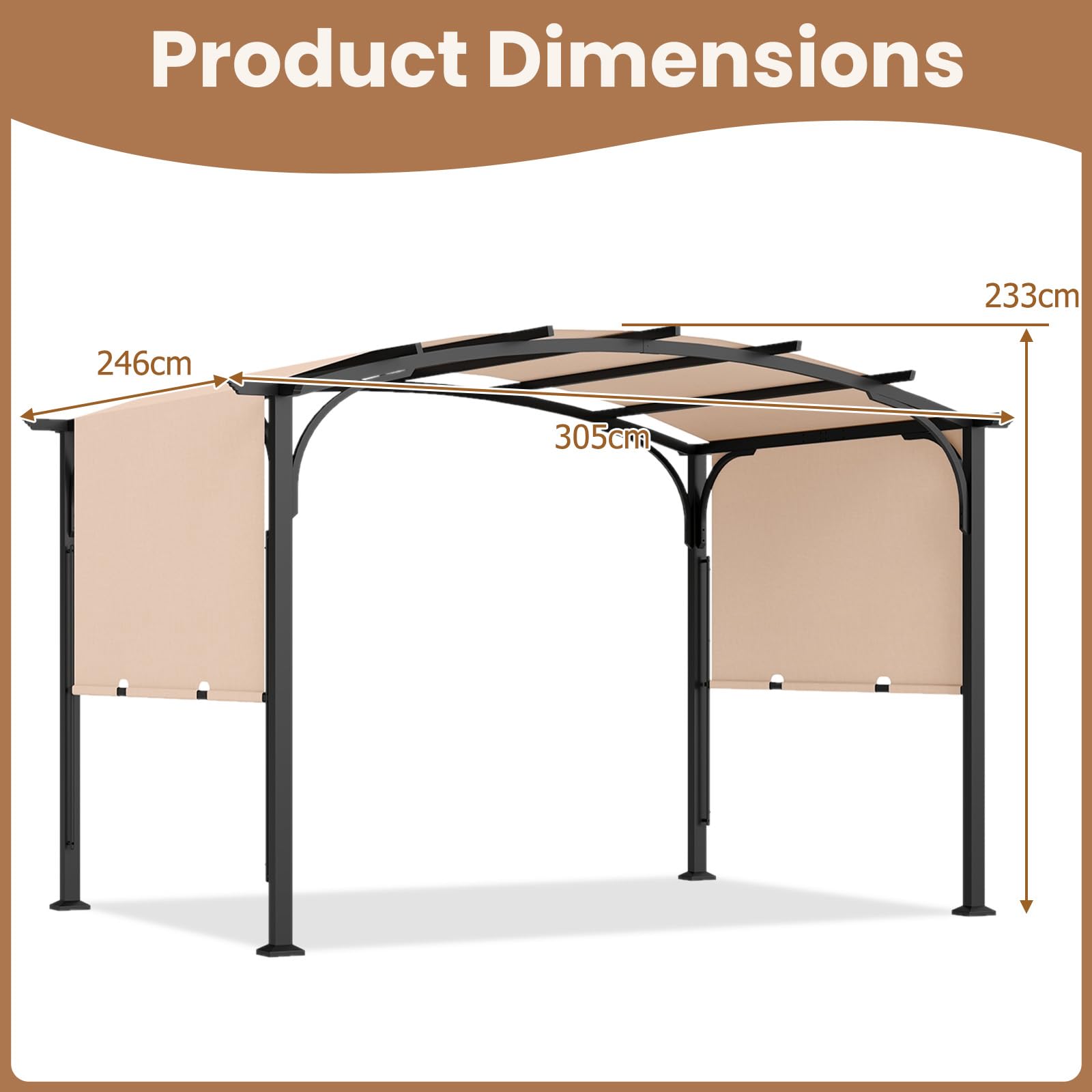 GOPLUS Pérgola Retráctil para Exterior, 305x246x233 cm (Beige) | Cenador de Jardín con Estructura Metálica y Tejido de Poliéster, Arco Jardín con Toldo para Patio, Terraza, Porche