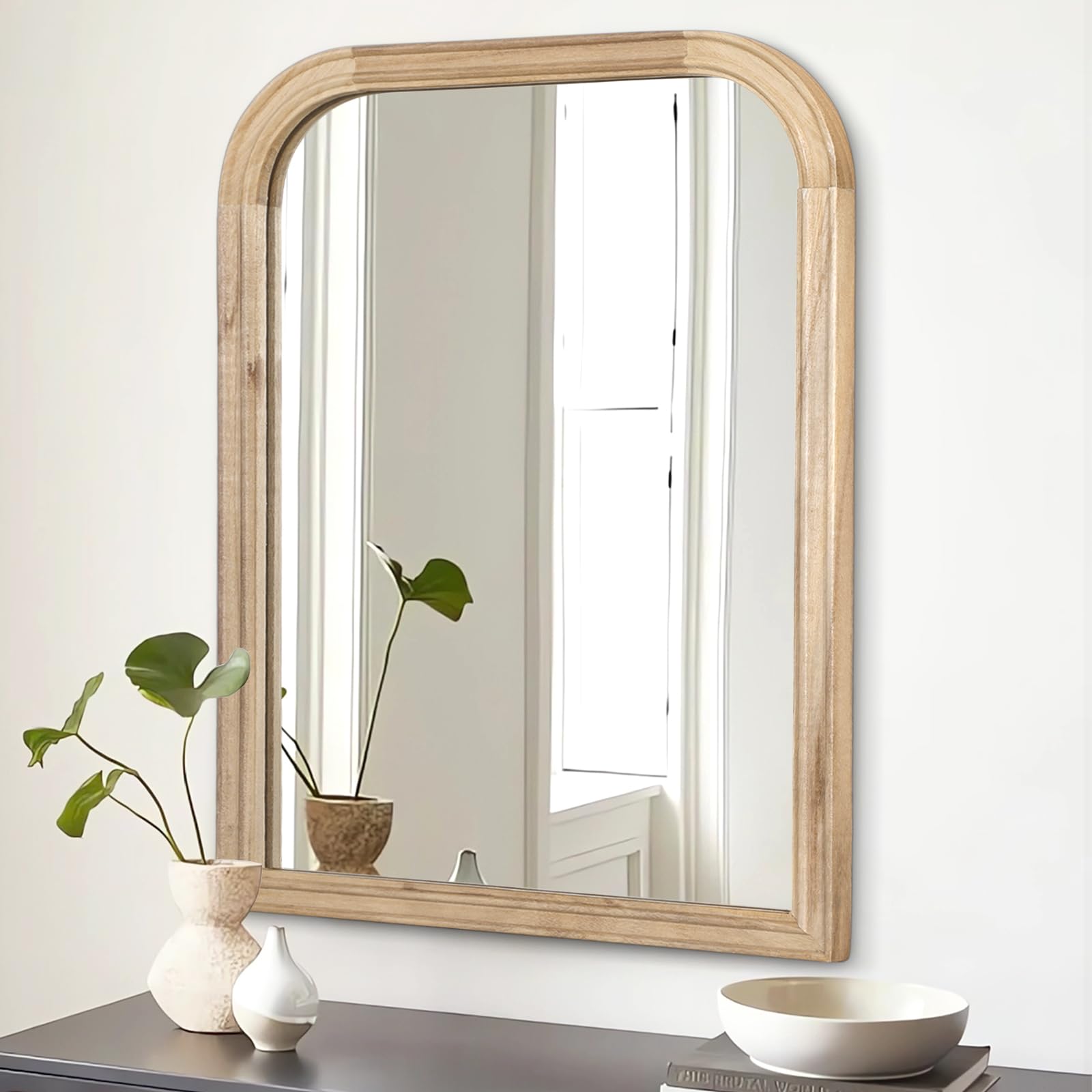 Wood Bathroom Mirrors for Wall Mounted 16"x12" Rustic White Wood Framed Bathroom Mirror Farmhouse Rounded Corner Rustic Decorative Mirrors for Wall Bedroom Living Room Entryway Hallway 40x30cm