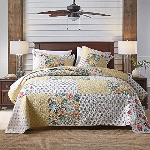 Autumn Dream Cotton Patchwork Bedspread Quilt Sets, Reversible Bedding Coverlet Sets, Yellow Grey Floral Pattern, Queen Size Cover