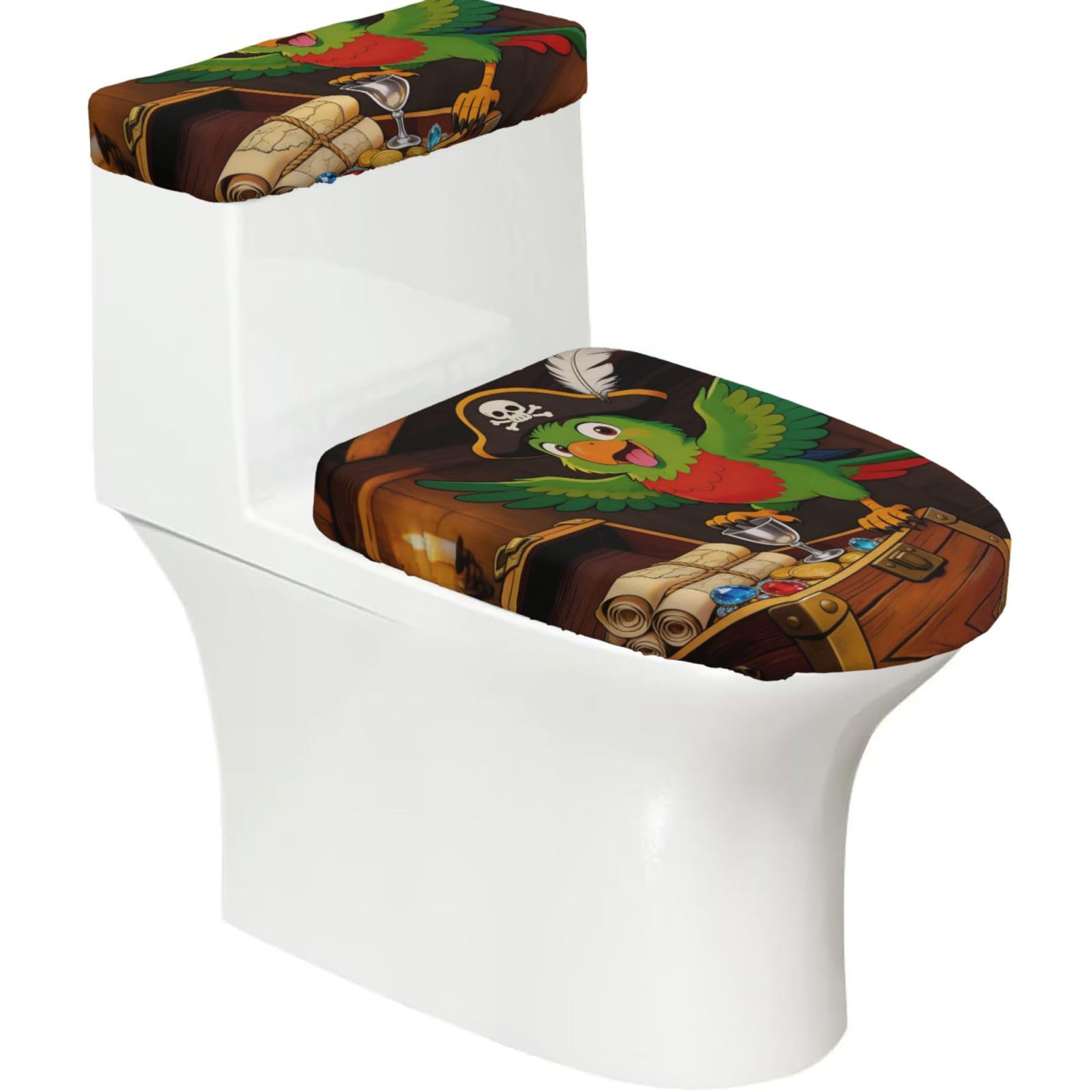 Pirate Parrot Elastic Toilet Cover Set of 2-Stretchy Lid and Tank Covers for Bathroom, Soft Washable U Shape Toilet Decor