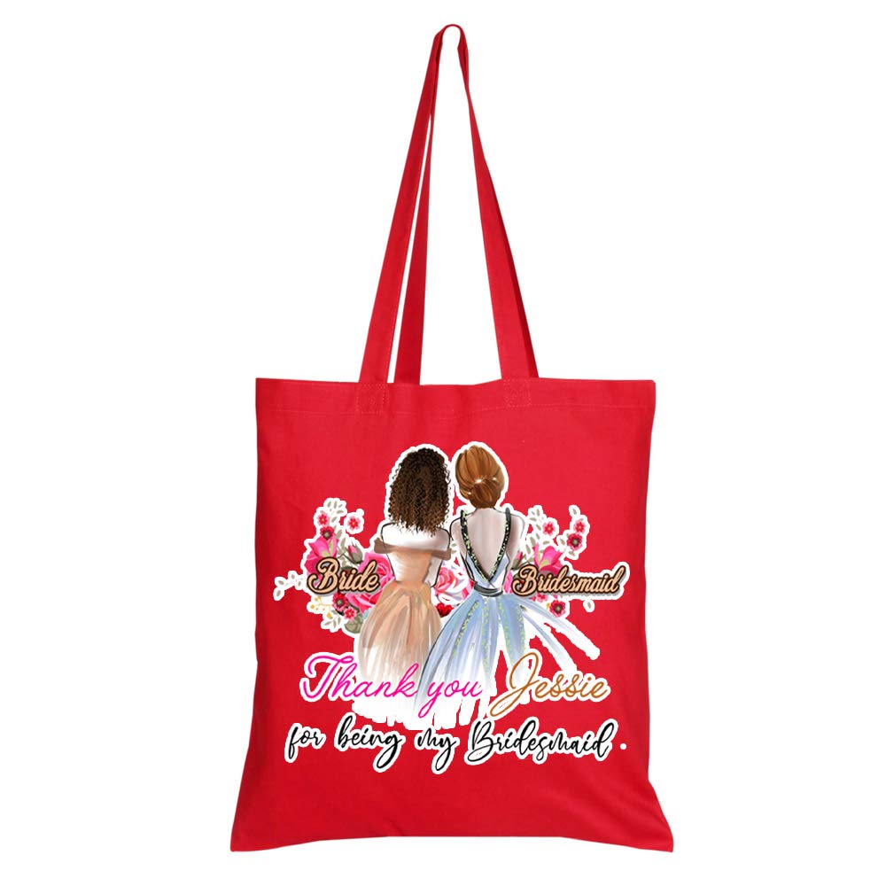 Personalised Wedding gift idea Thank You For Being My Bridesmaid themed Funny Tote Bag-Cotton Shopping Bag. (Full Red)