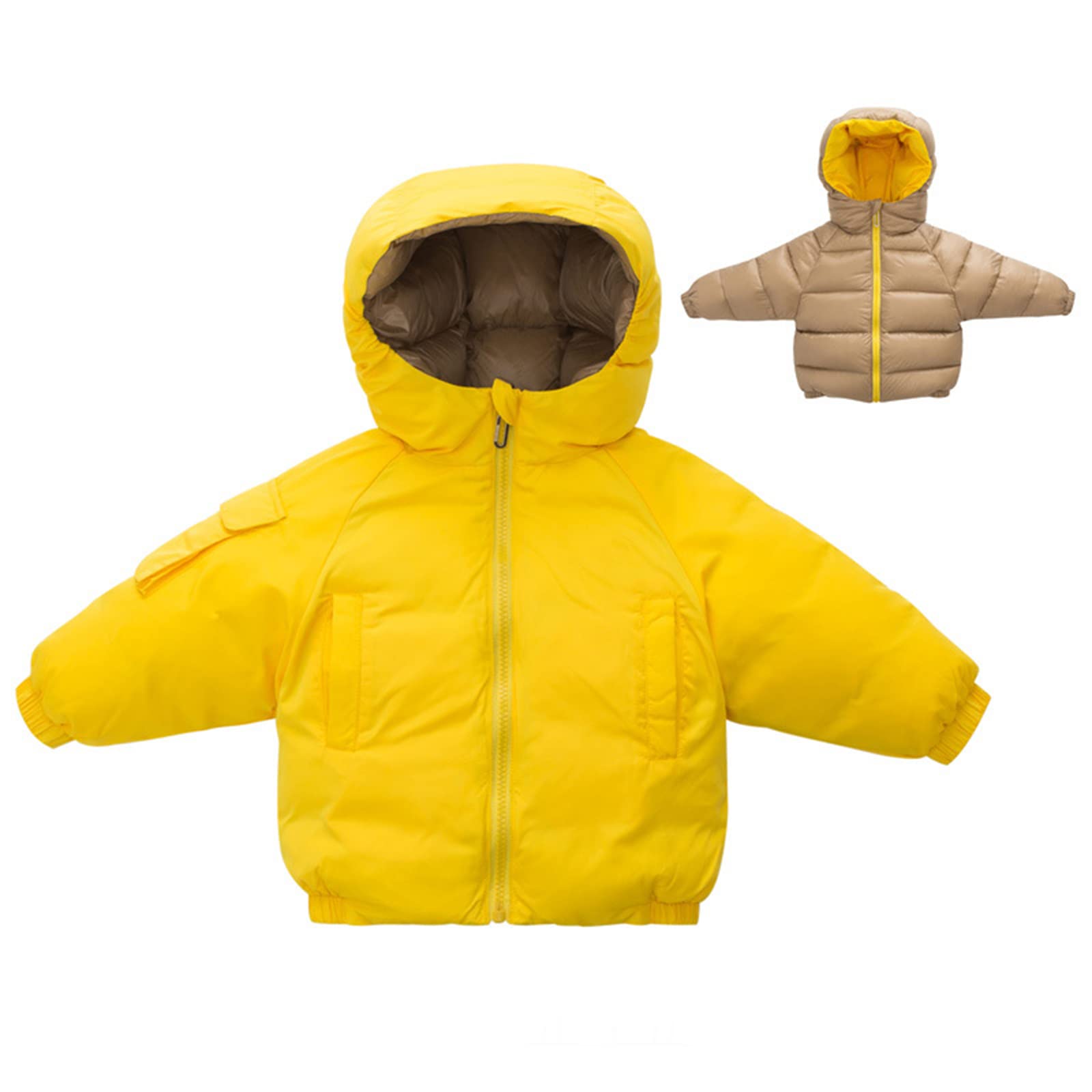 Piumino Double-Face Ispessito per Bambini Inverno Ragazzi e Ragazze Piumino Bianco con Cappuccio Invernale Capispalla Caldo Antivento,Yellow,11(110CM19KG)