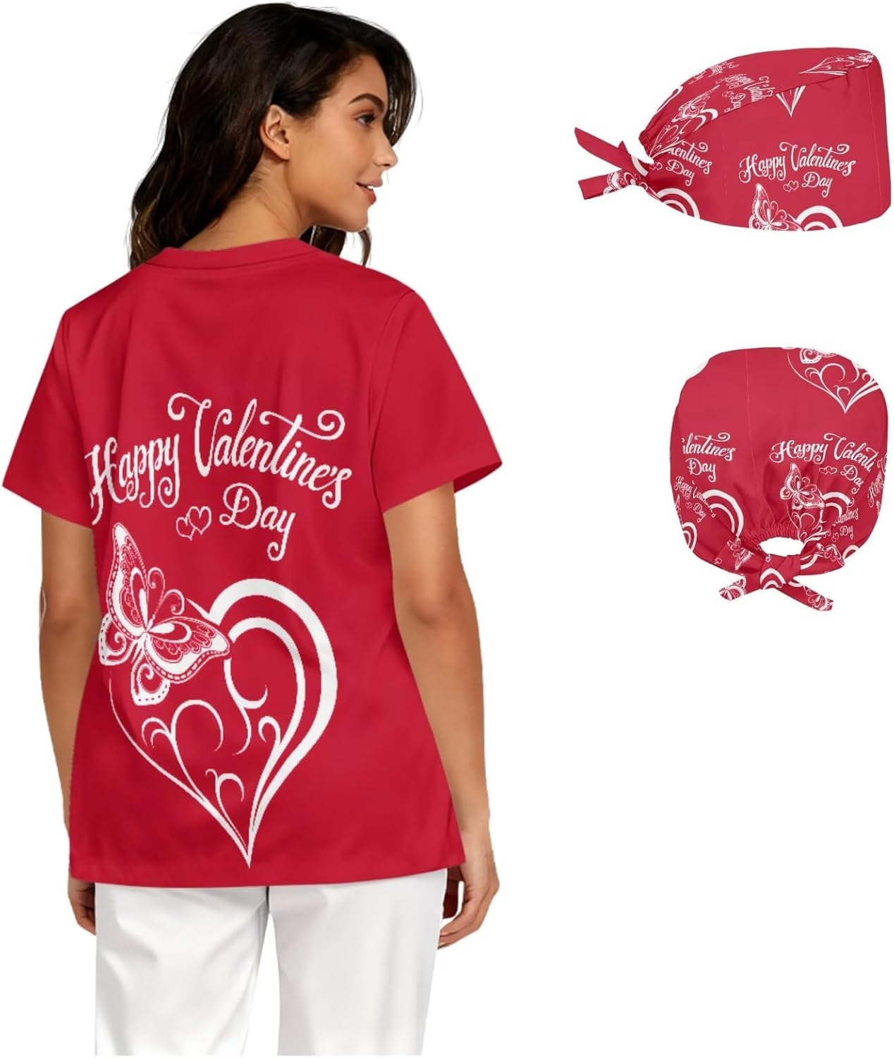 Women's Scrub Top&Nurse Cap 2-Piece Set,V-Neck Soft Stretch Medical Shirt with Pockets,Comfortable Nurse Uniform