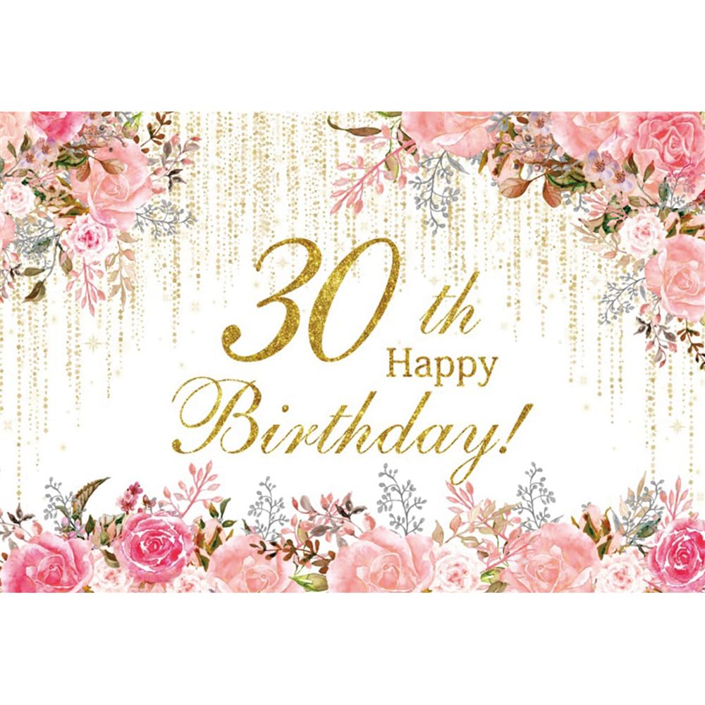 Pnylzzyxh 30th Birthday Backdrop Banner 30th Birthday Decorations for Her 7x5ft Pink Floral Golden 30 Year Old Party Decorations Photography