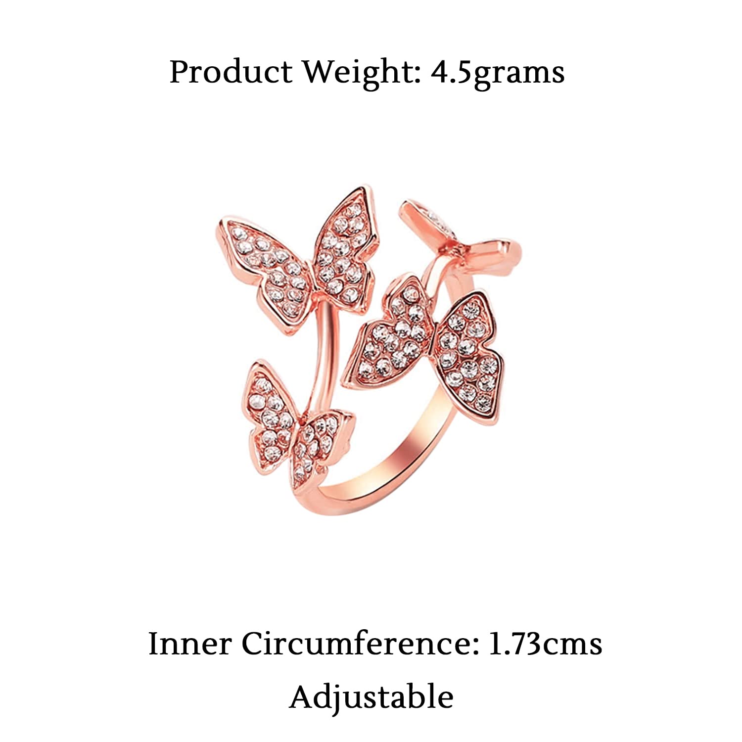 Crystal Butterfly Ring Silver Tone Adjustable Finger Women