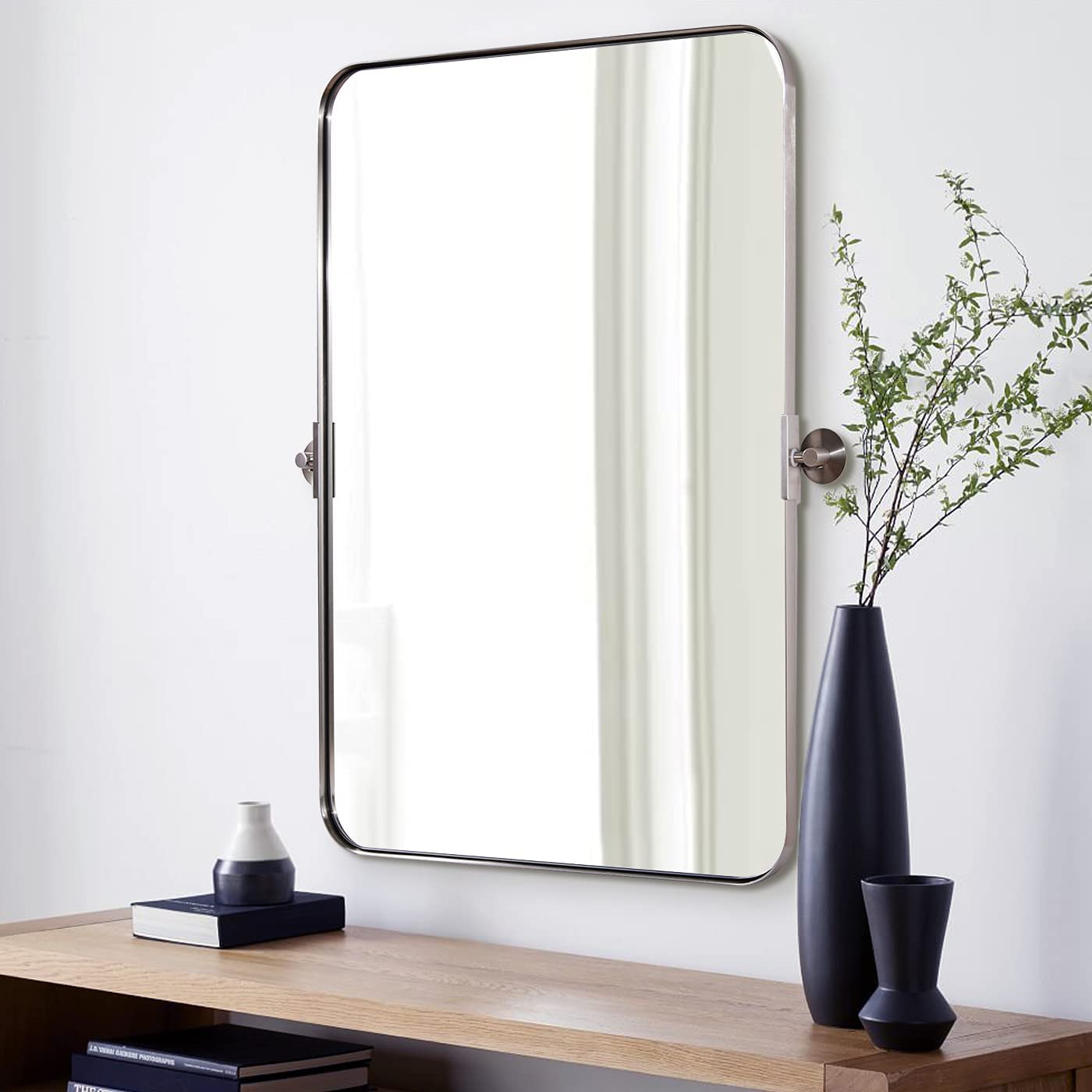 MOON MIRROR20" x 28" Brushed Nickel Metal Framed Pivot Rectangle Bathroom Mirror in Stainless Steel, Silver Tilting Rounded Rectangular Vanity Mirror for Wall Mounted Hangs Vertical