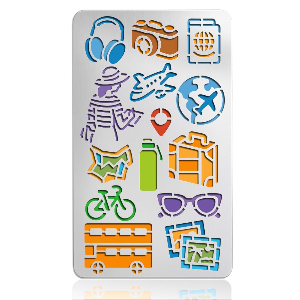 UNICRAFTALE Metal Stencils for Craft Wood Burning Travel Stencil Stainless Steel Reusable Camera Glasses Template Wood Carving Aeroplane Template for Scrapbooking Decorative