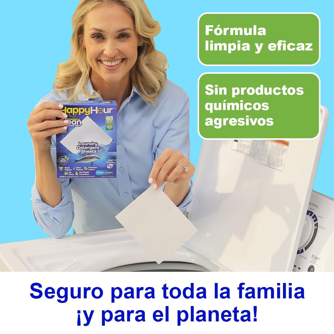 HAPPY HOUR, Tiras Detergente Lavadora (60 lavados carga completa) 100% Ecológico. Fácil de usar, económico. Ideal Viajes. Eficaz contra manchas en agua caliente/fría. Apto pieles sensibles. Pack 3x2