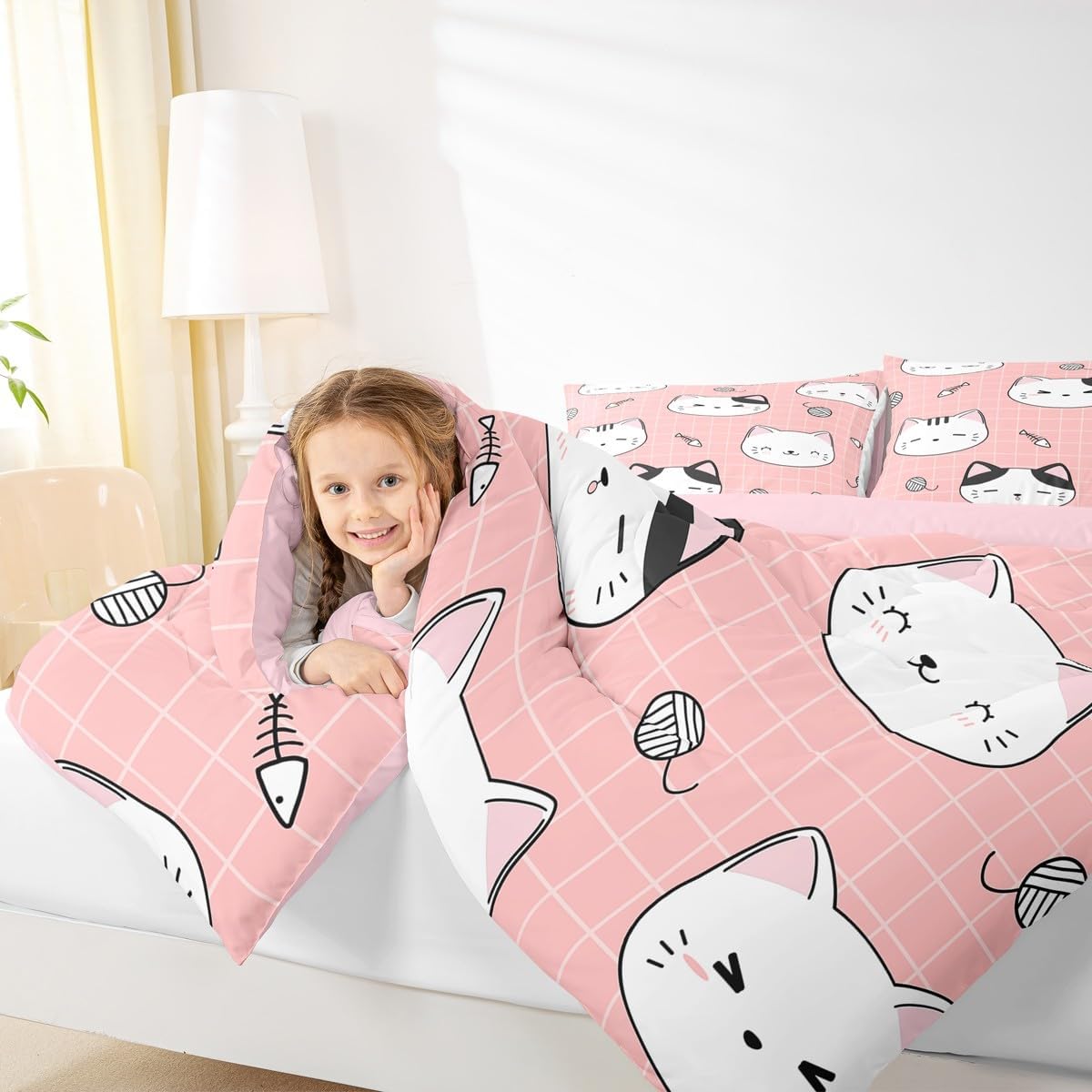Erosebridal Girls Pink Cats Bedding Set Queen Black White Cat Head Comforter Set for Kids Boys,Cartoon Animal Doodle Down Comforter Lovely Pets Yarn Fish Quilt Duvet Set 2 Pillow Cases Bedroom Decor