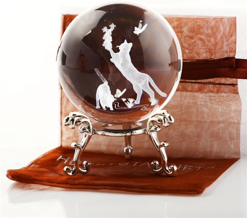 ZEERSHEE 60mm 3D Laser Cat Crystal Ball with Stand Cat Lover Themed Gifts for Women Mothers