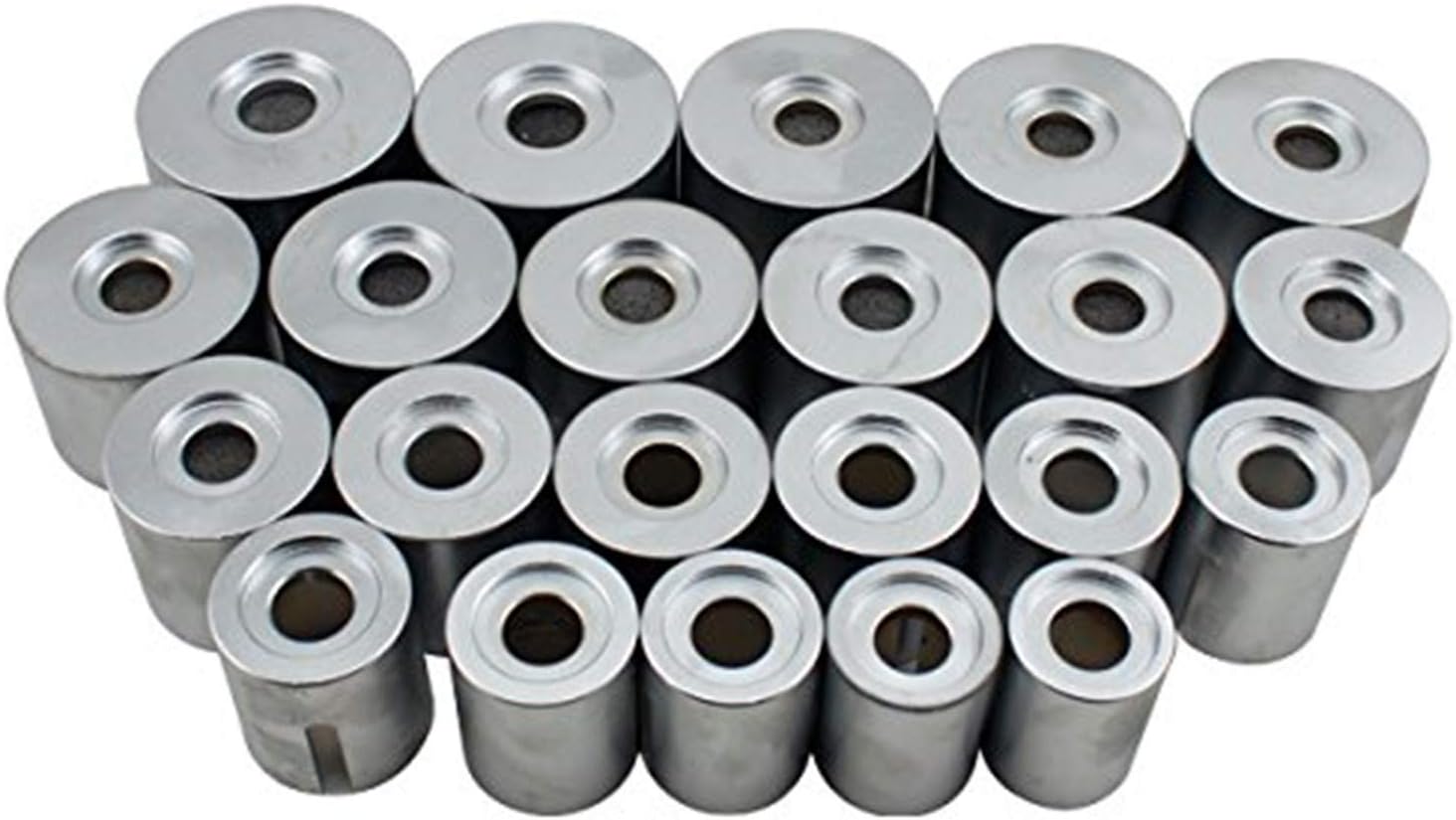 Twenty-two cylindrical pressure pieces of various diameters
