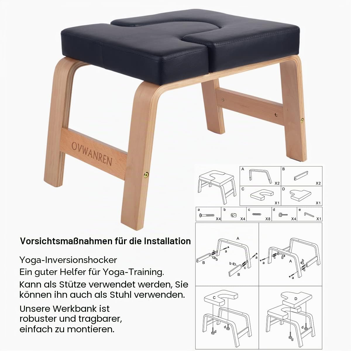 Yoga-Kopfständer, Ständer, Yoga-Stuhl für Familie, Fitnessstudio, Holz und PU-Pads, lindert Müdigkeit und Aufbau des Körpers (schwarz)