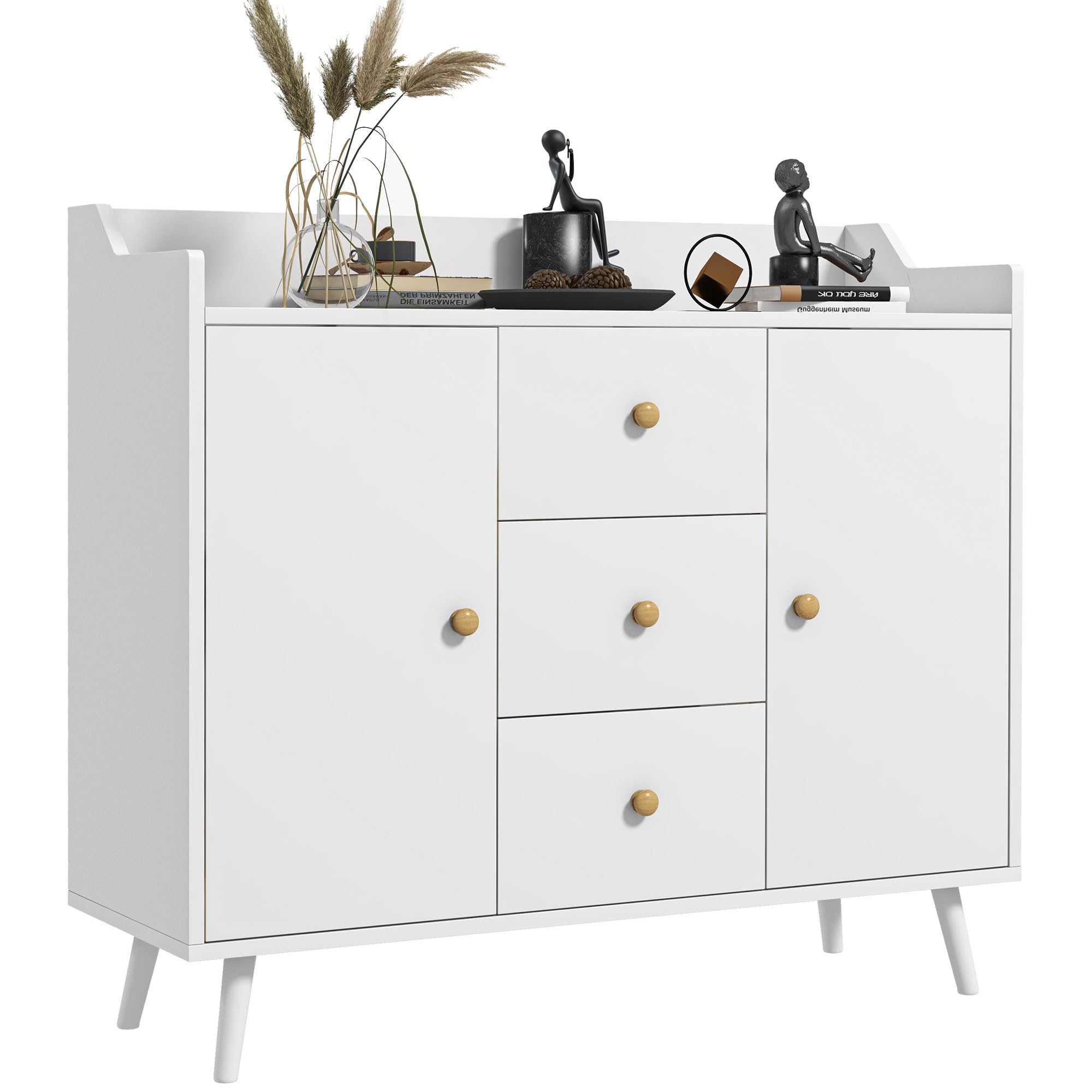 HOMCOM Aparador de Salón Moderno, Aparador de Cocina 90x32x80 cm Blanco | 2 Puertas, 3 Cajones, Patas de Madera de Pino, para Entrada Comedor Pasillo Dormitorio