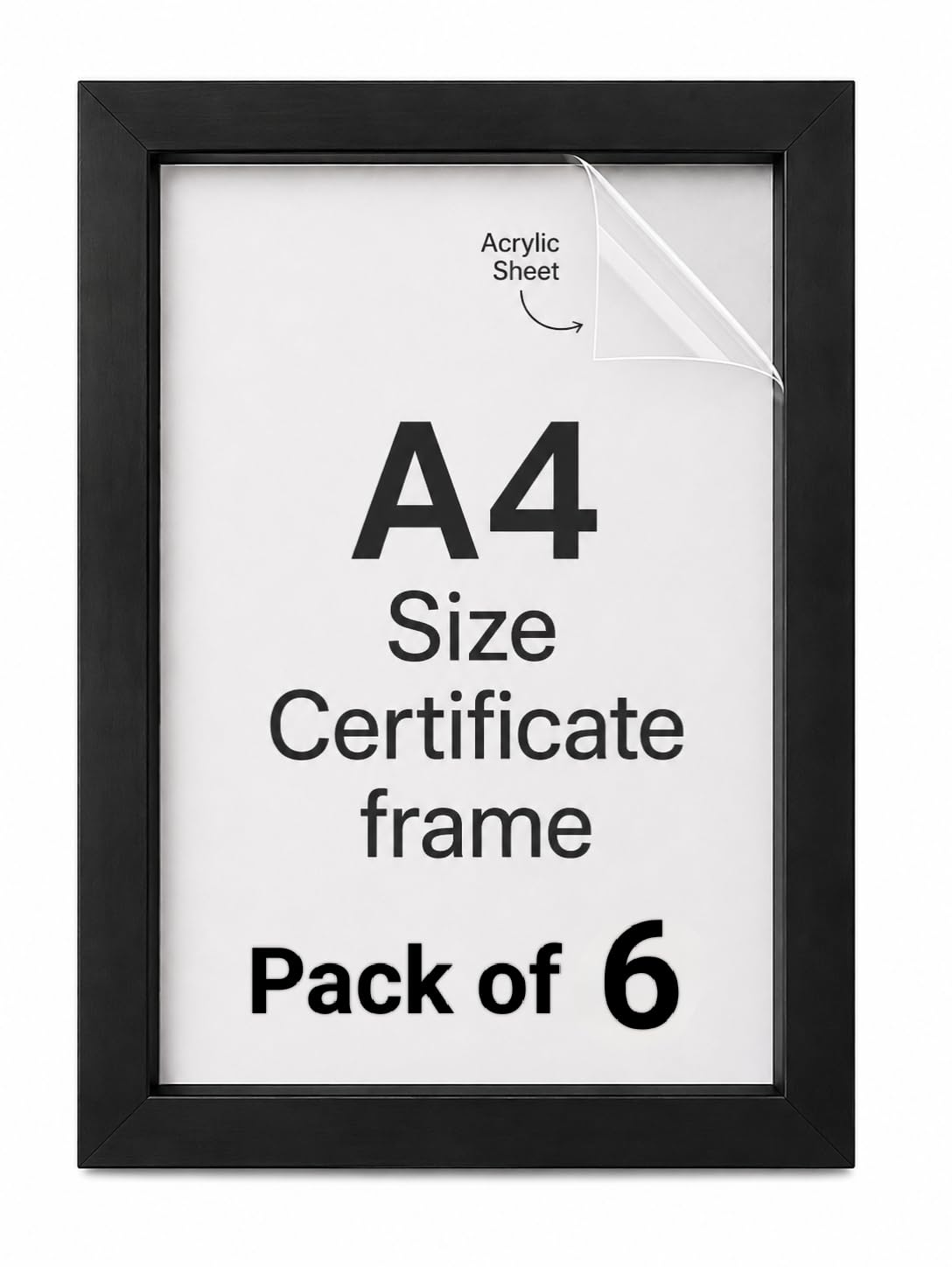 Certificate Frame, Black, Synthetic Wood, Acrylic Sheet, Pack of 6 1