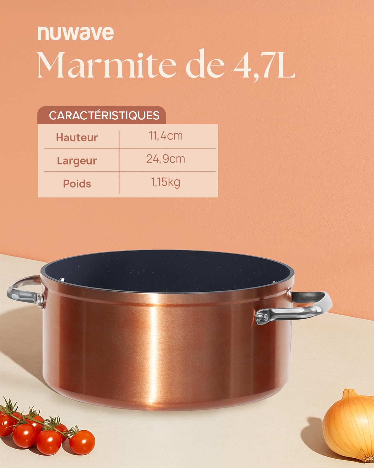 Nuwave Olla 4,7L en Cerámica Antiadherente Duralon Blue en Cobre Rústico, sin PFAS, Compatible con Inducción, Apta para Lavavajillas y Horno, Asas Stay Cool, Resistente a los Arañazos