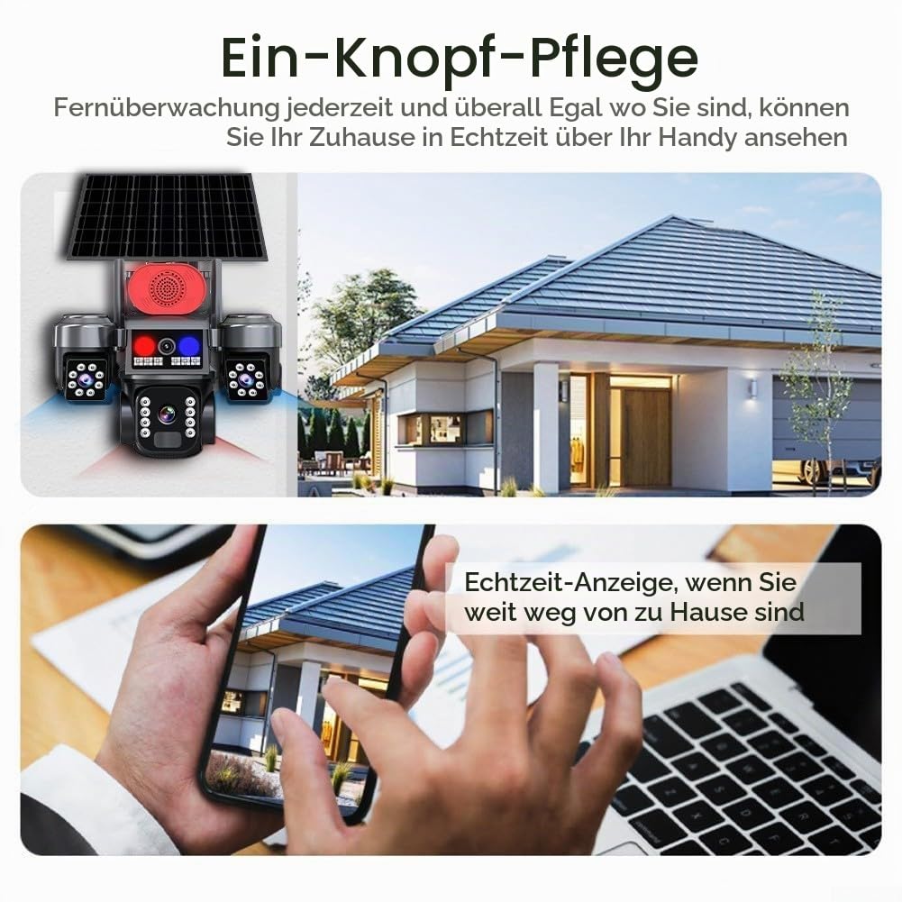 Solar Überwachungskamera Akku mit DREI-Objektiv, 360° Schwenkbar WLAN Kamera Outdoor Kabellos, 2, 4 GHz WiFi, KI-Erkennung, Farbnachtsicht, Zwei-Wege-Audio, IP66
