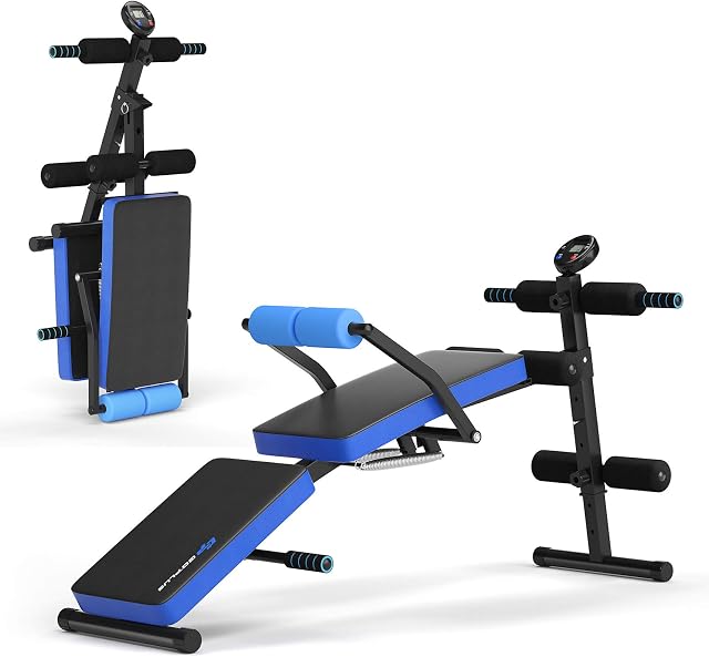COSTWAY Sit Up Bench, Foldable Abdominal Training Workout Board with LCD Monitor and 5 Adjustable Positions, Flat Incline Decline Curved Benches for Home Office Gym