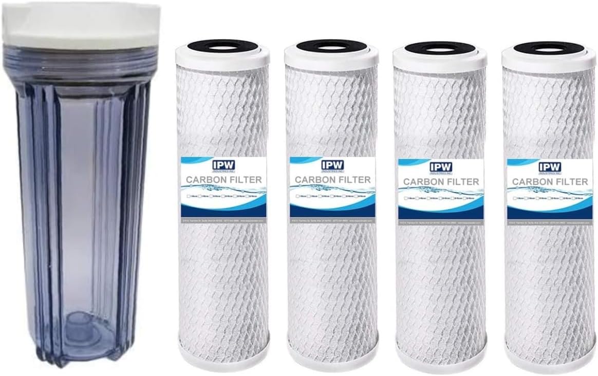 IPW Industries Inc. Clear Filter Housing Compatible to HF2-10CLWH14 and Compatible to Water Pur Company CCI-10CLW 10" Cartridge w/ 1/4" NPT Ports and 4 Carbon Filters