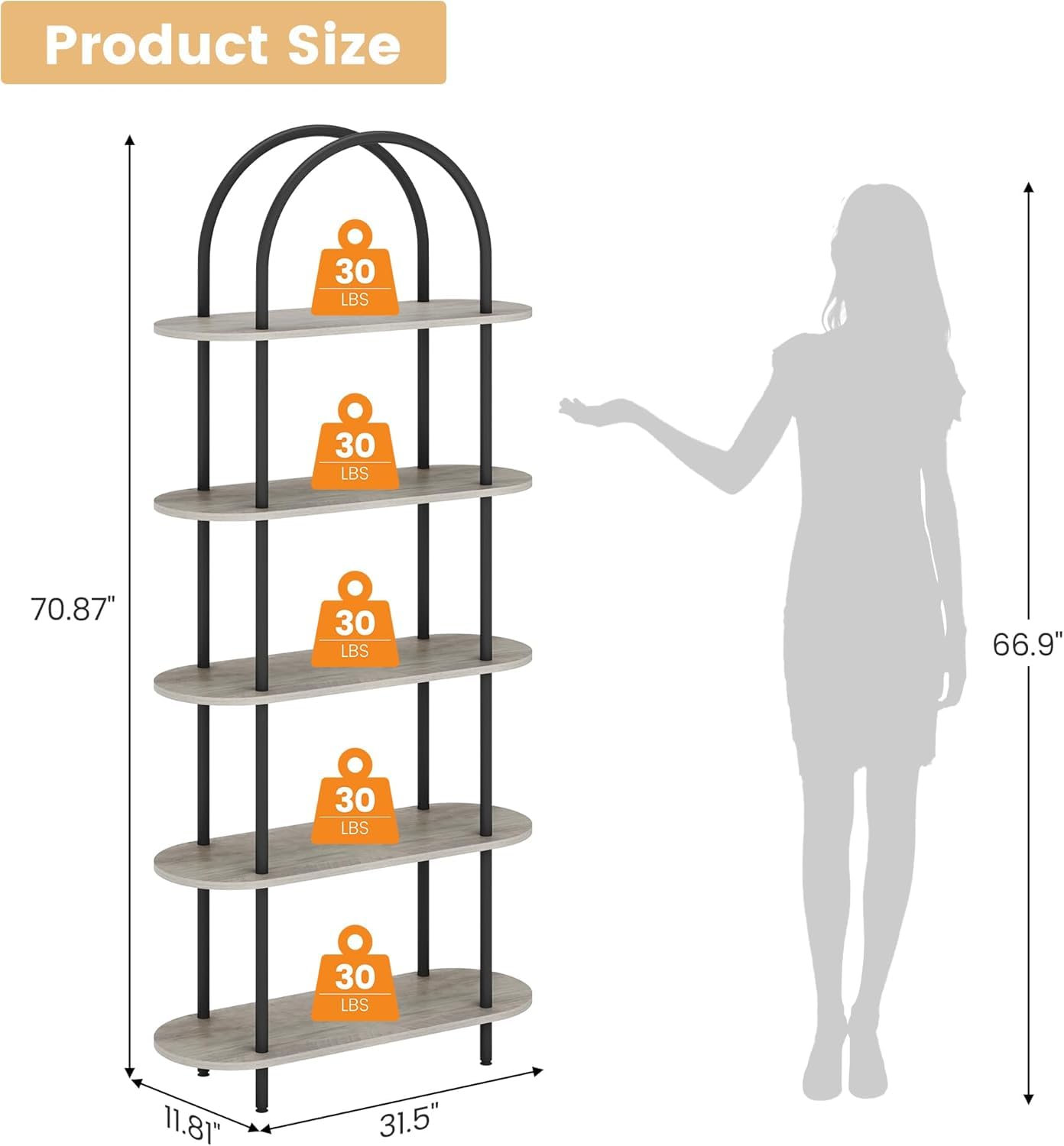 Libreria a 5 ripiani, alta ad arco, 80 x 30 x 180 cm, con struttura in metallo, moderna espositore con piedini regolabili, scaffale aperto autoportante per camera da letto, soggiorno, nero+grigio