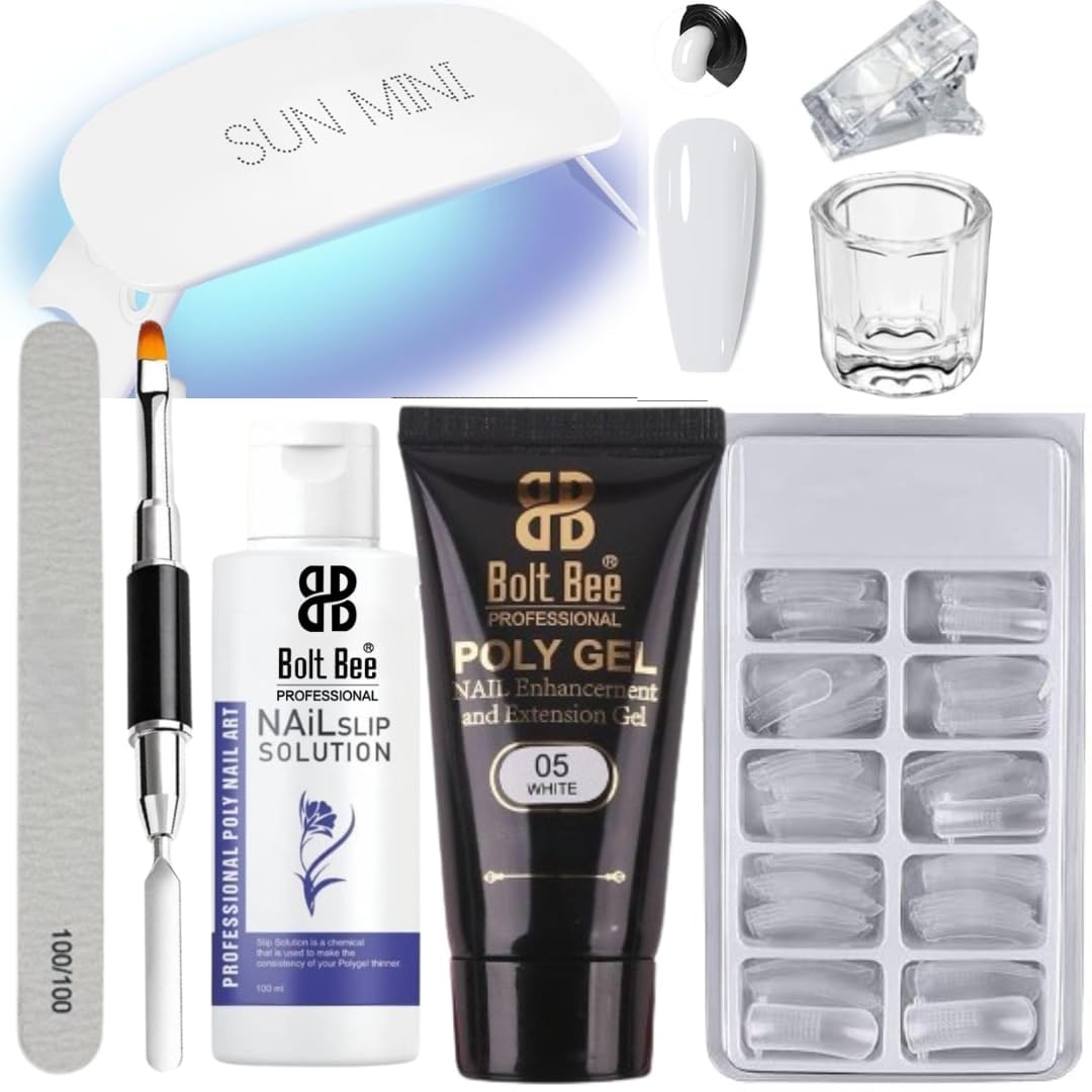 Bolt Bee Poly Gel Nail Extension Kit with UV LED Lamp, Nail Slip Solution, Dual Forms, Brush & File – Professional PolyGel for Nail Enhancement & Extension (White)-image-39