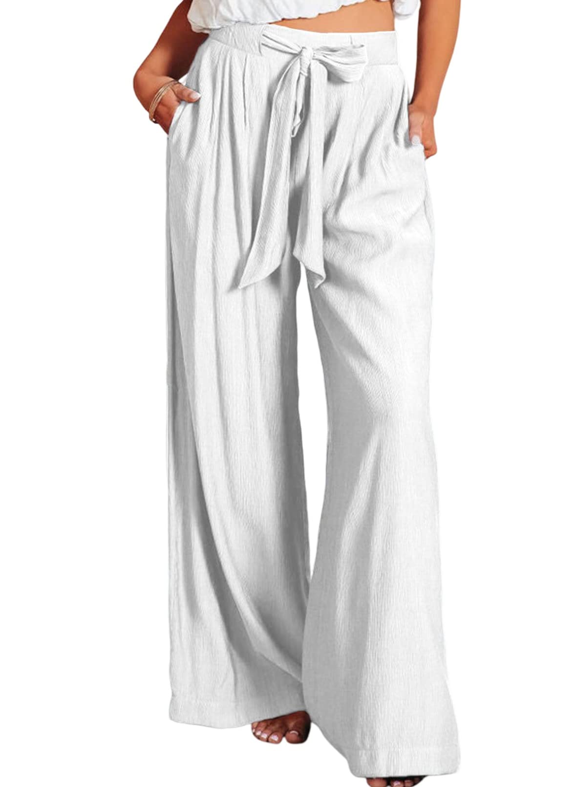 Dokotoo Casual Wide Leg Pants for Women Back Elastic Waist Tie Pants with Pockets