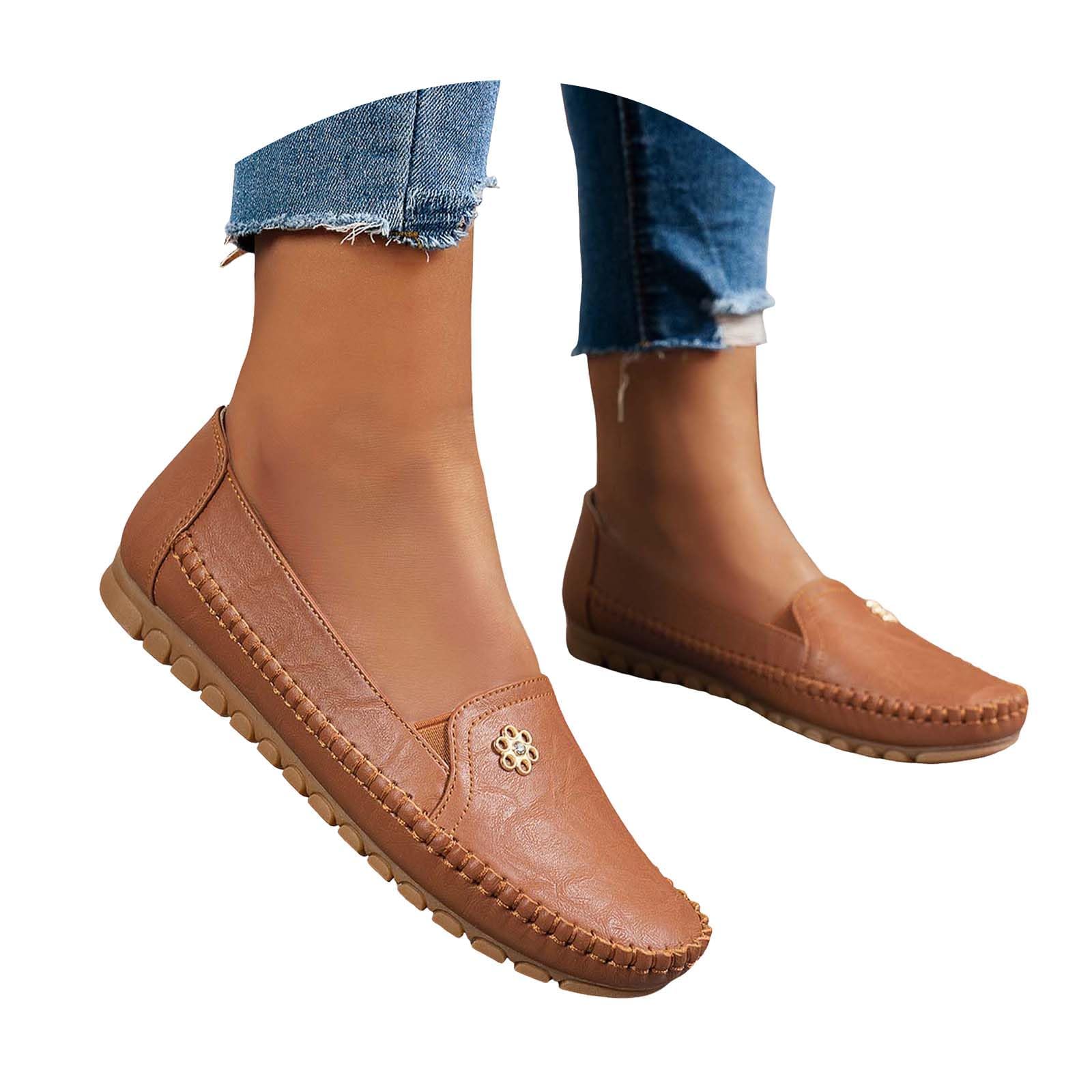 Orthopedic Shoes for Women,Leather Flowers Arch Support Flats Slip On Loafers No Heel Round Toe Wide Width Lightweight Sneakers Walking Casual Dressy Vintage Outdoor Comfortable Shoe