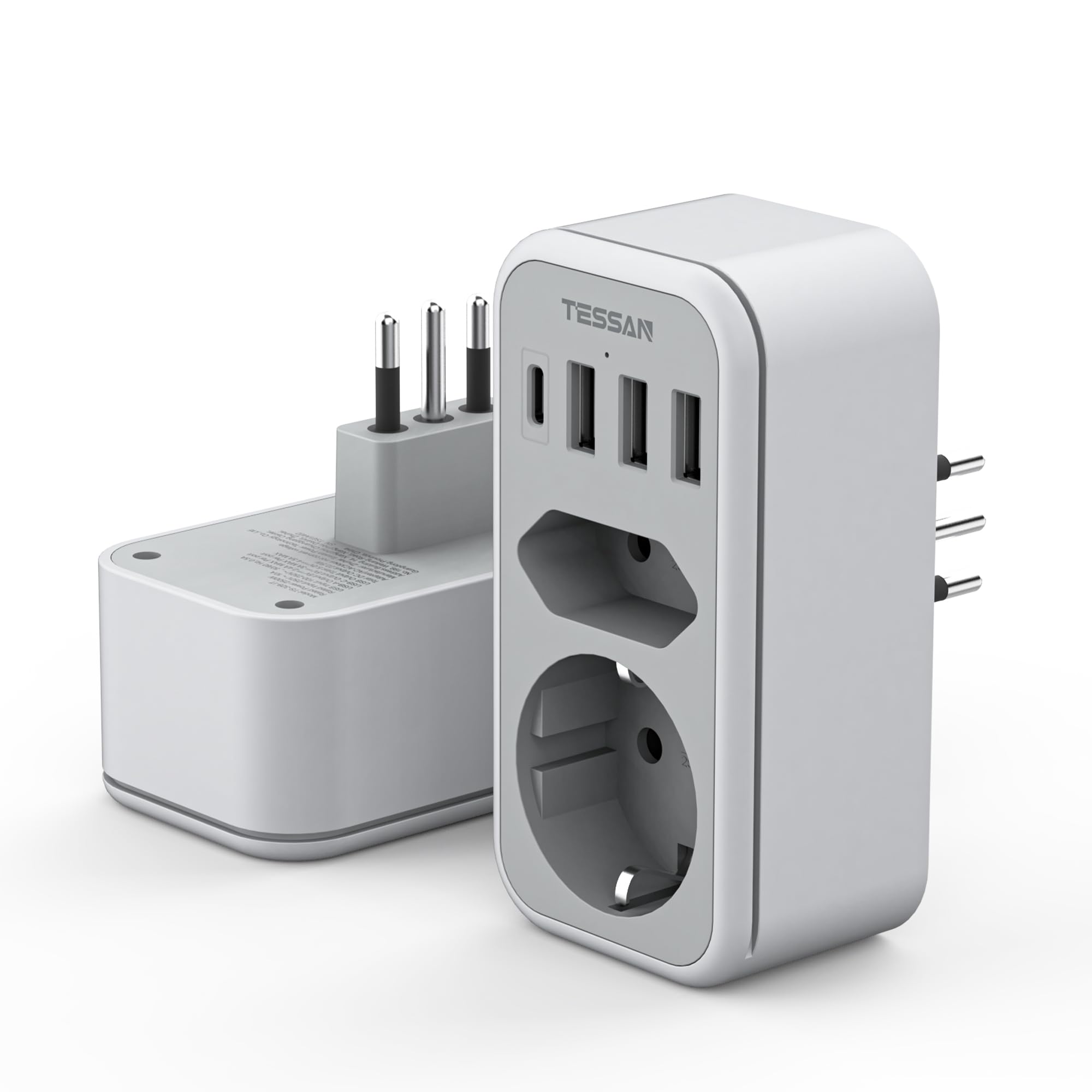 TESSAN Adapter Włochy do gniazdka, 6 w 1, adapter podróżny Włochy z 1 USB C i 3 USB A, adapter podróżny Chile, adapter Włochy Niemcy, adapter do gniazdka wtykowego USB do Włoch Chile Urugwaju