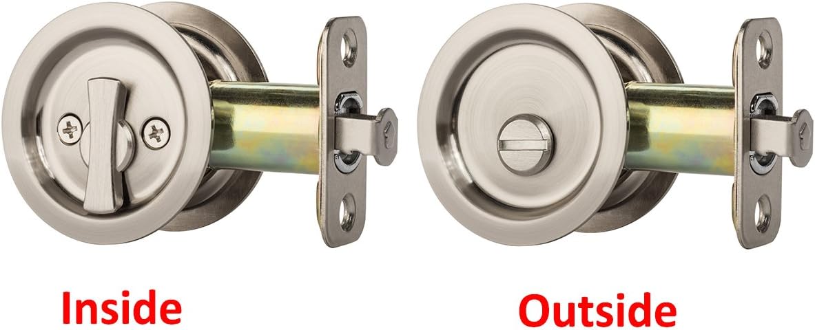 Dynasty Hardware Pocket Door Latch, Round Sliding Handle for Bathroom or Bedroom, Locking Passage Pull, Easy Install Pocket Door Hardware, Aged Satin Nickel Finish, 2-3/8" Backset, Universal Fit