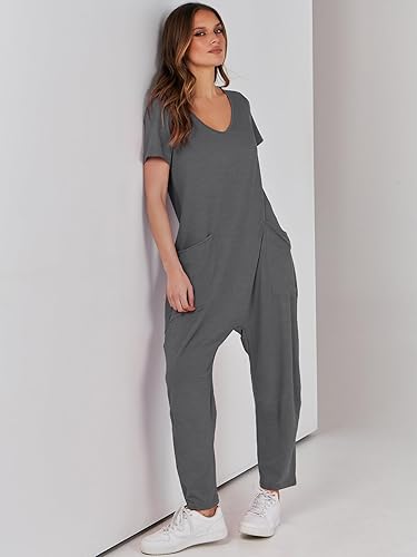 Miniatura 8 de ANRABESS Enterizo de verano de manga corta con cuello en V para mujer, estilo casual, holgado, con bolsillos