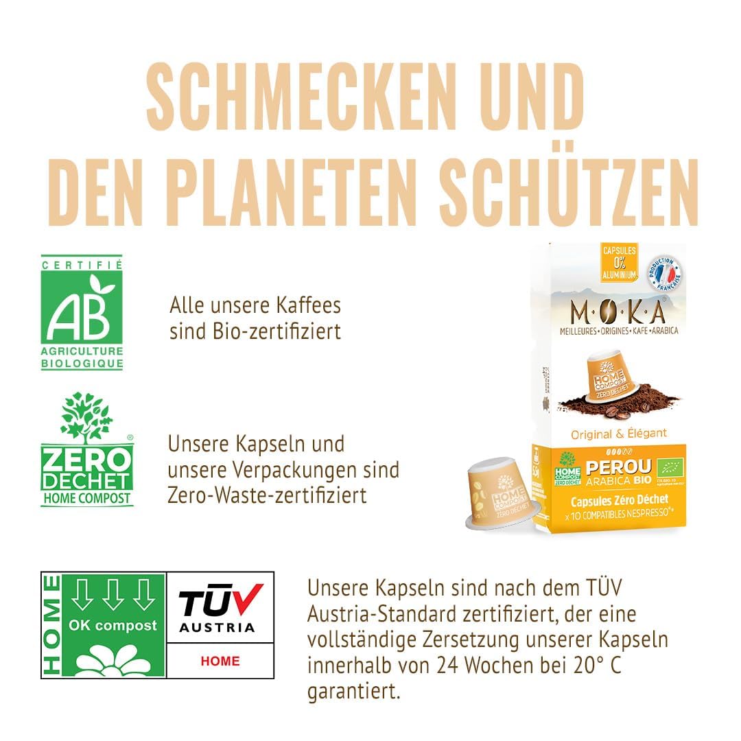 MOKA - 100% reiner Arabica-Kaffee aus Mexiko - Stärke 8 - Origineller und eleganter Bio-Kaffee - 100 mit kompatible Kapseln - Zero Waste - Biologisch abbaubar und Home Compost - Frankreich