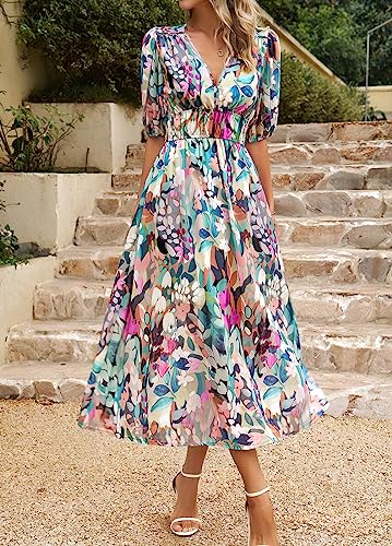 Women's Summer Boho Midi Dress V-Neck Puff Sleeve Flowy Beach Party Dresses Tropical Vacation Cruise Resort Outfits3