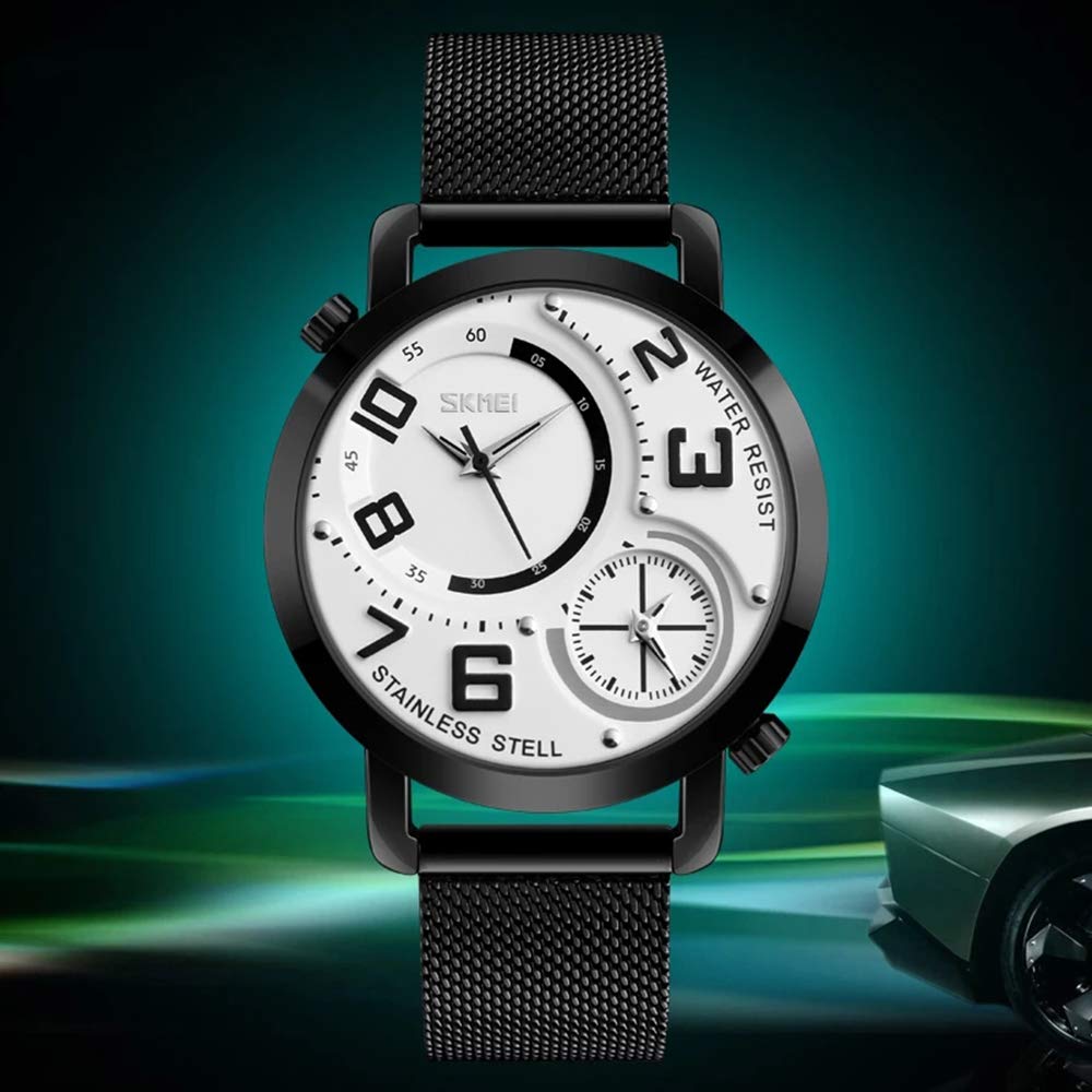 MASTOP Reloj de cuarzo para hombre, doble zona horaria, correa de malla de acero inoxidable, analógico, clásico, regalo