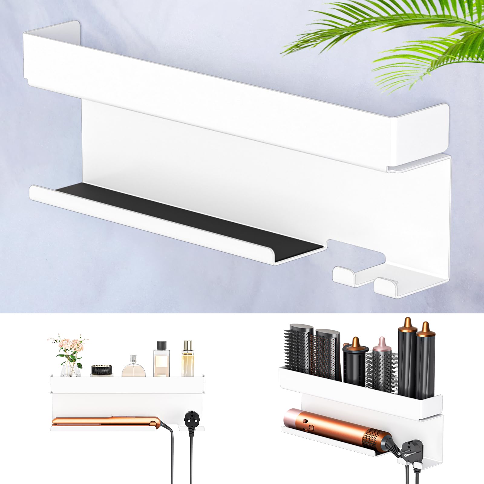 WAYASI Hair Dryer Holder Wall Mount, Hair Straightener Holder for Curling Iron Styler Accessory, Hair Dryer Storage, Adhesive Hairdryer and Straightener Holder, Hair Tool Organiser (White)