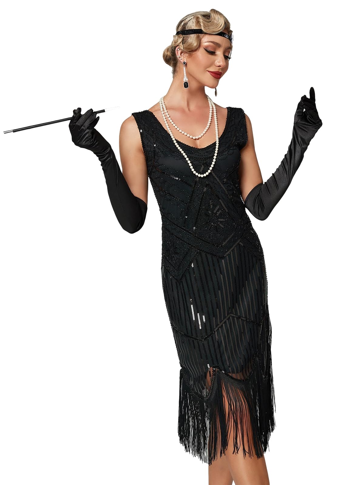 Viloree Robe Gatsby Femme Frangée Costume Flapper 1920 V Cou Soirée Paillette