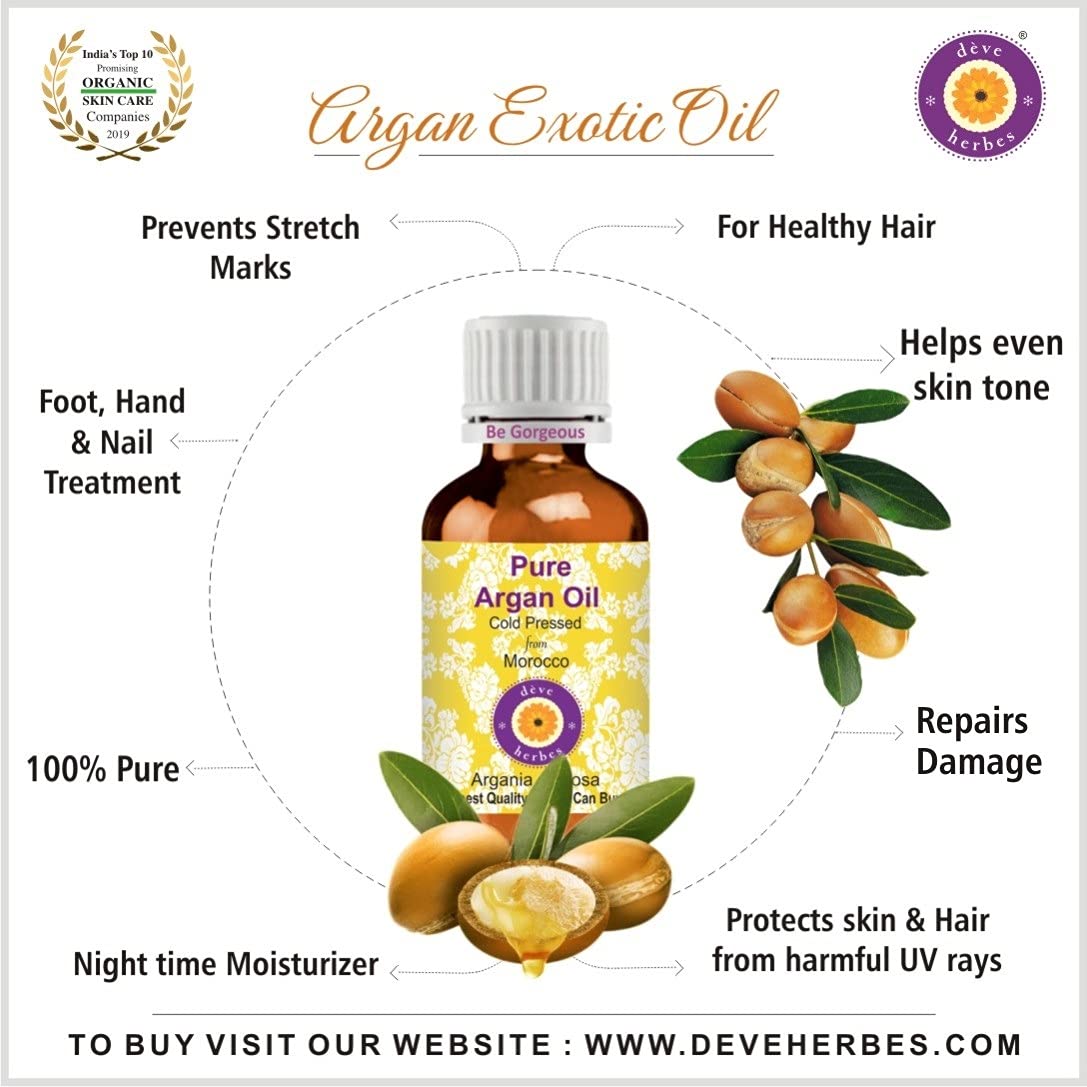 Deve Herbes Olio di argan puro (marocchino) (argania spinosa) con contagocce in vetro, qualità terapeutica naturale, pressato a freddo, 100 ml x 3 (10 oz)