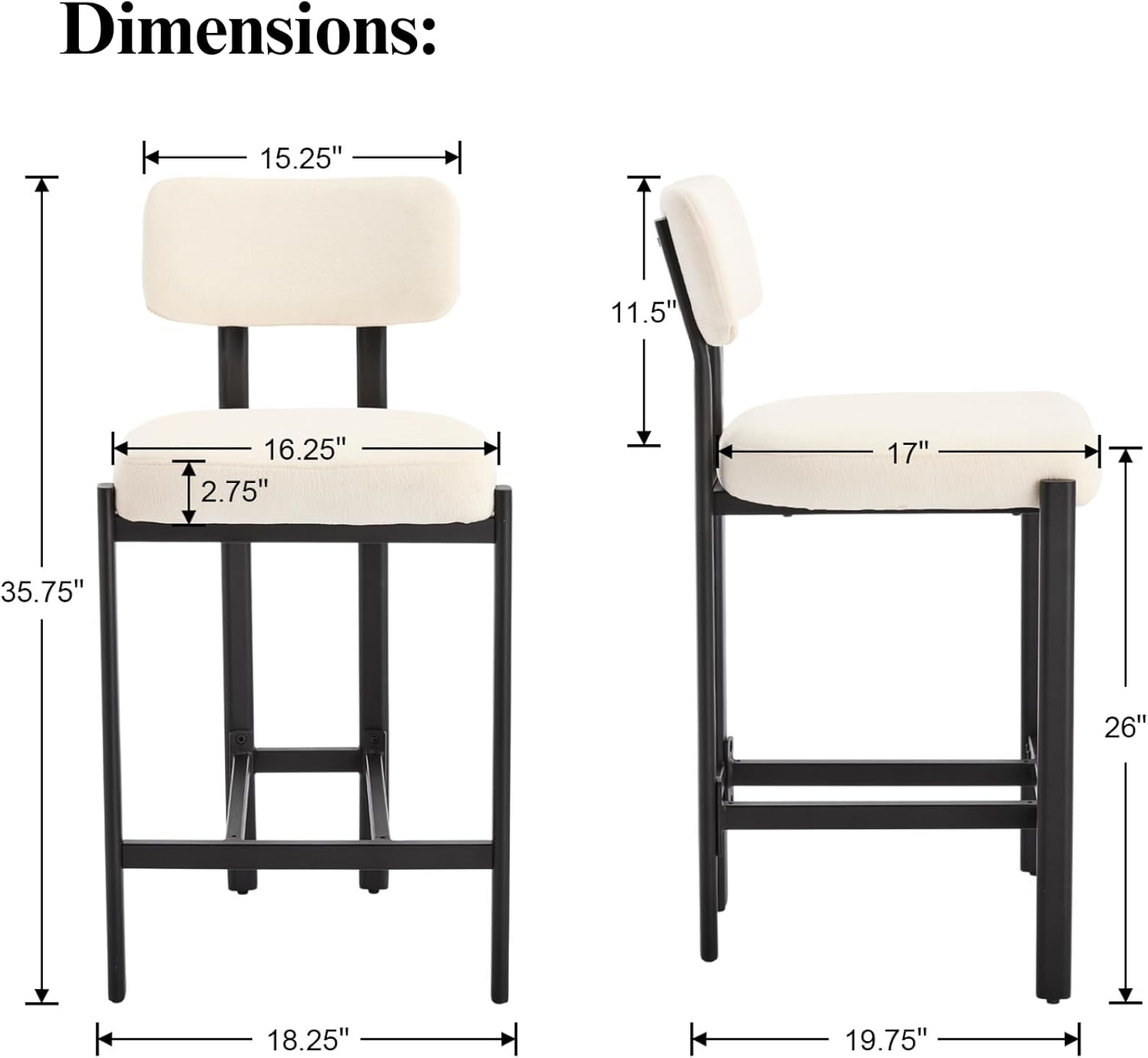 DUOMAY Modern Chenille Counter Stools Set of 2, Upholstered 26" Seat Height Low Barstools with Black Metal Legs Open Back Dining Stools with Footrest for Home Pub Kitchen, Beige