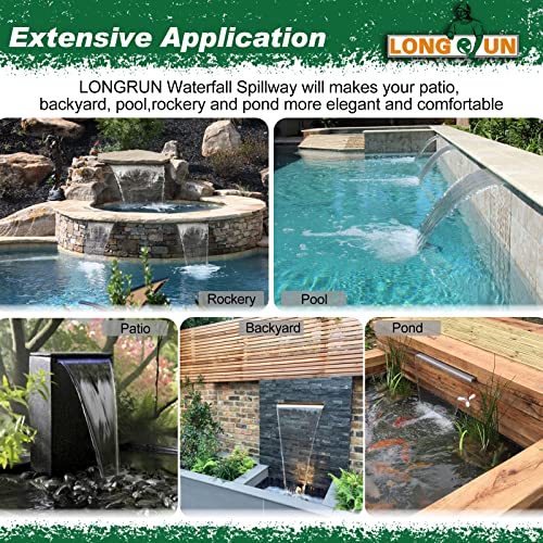 LONGRUN Edelstahl Wasserfall Überlauf, APP Kontrolle Multi-Farben LED-Licht Draussen Pool Brunnen, Koi Teich Wasserfälle Brunnen Kit für Garten Terrasse Pool Dekoration-90x20x10cm