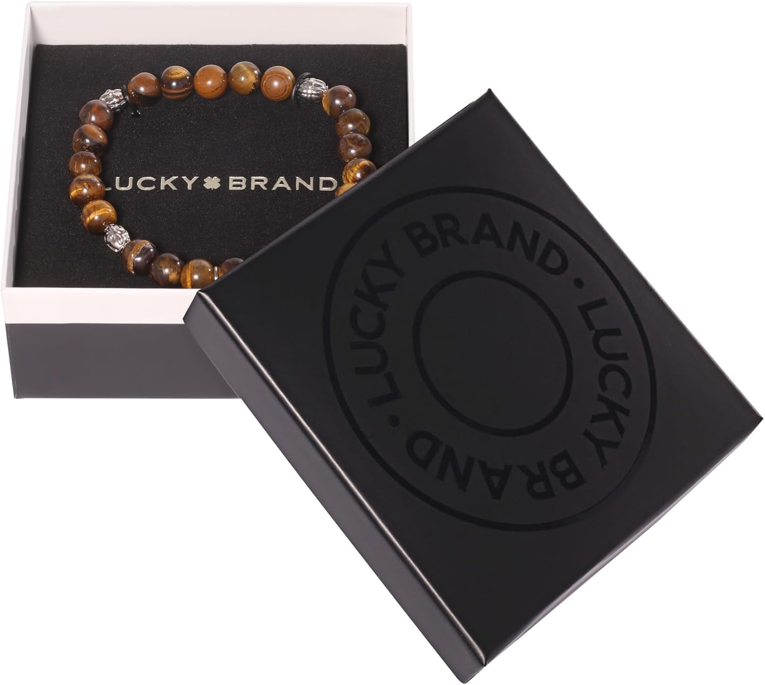 Lucky Brand Tiger Eye Bracelet for Men, Silver Flash-Plated Brass and Tiger's Eye Bead Bracelet, Stretch Beaded Bracelet