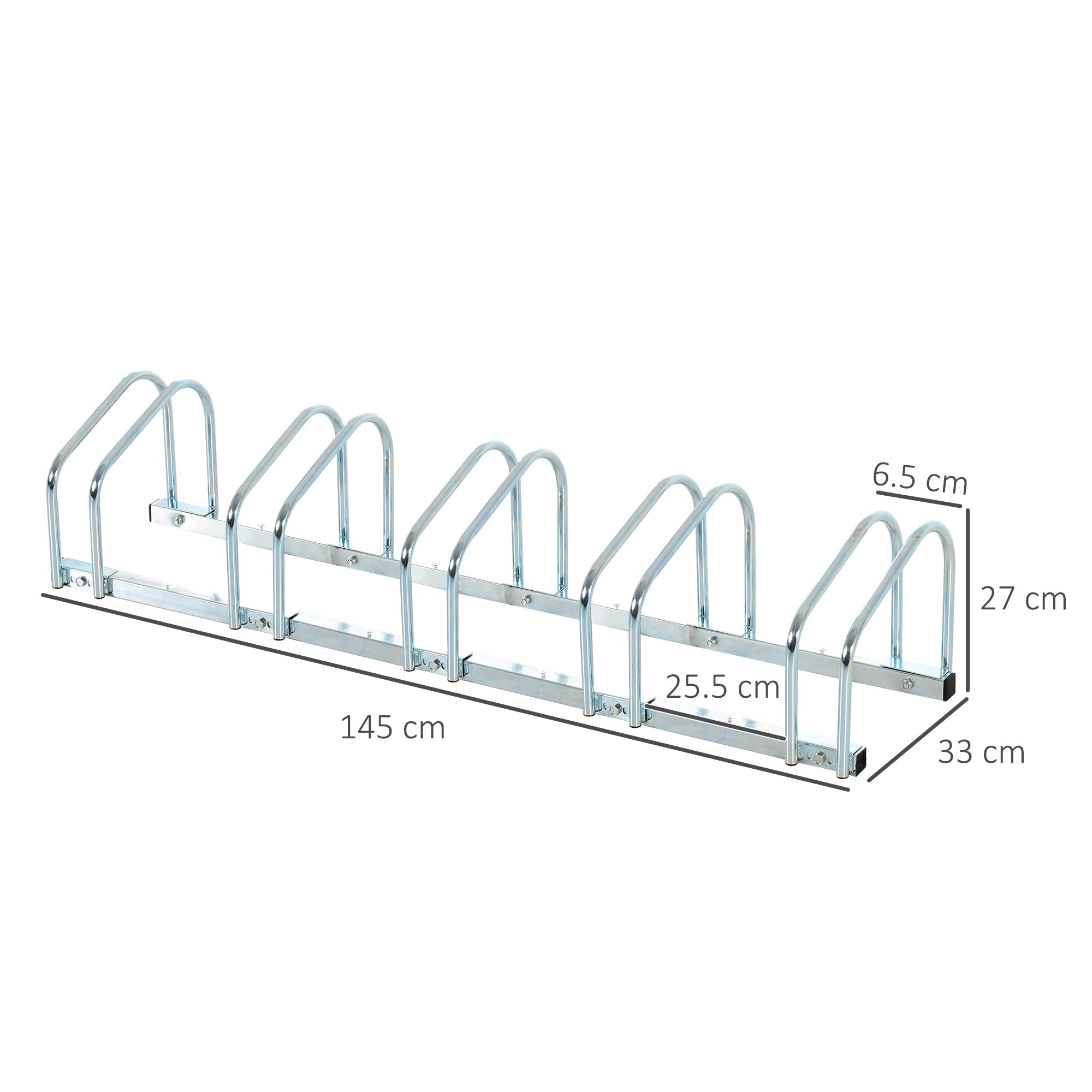 HOMCOM Rastrelliera Biciclette da Pavimento o Parete, Portabici da Terra per 5 Biciclette in Acciaio, Ruote Fino 65 mm, 145x33x27 cm, Argento