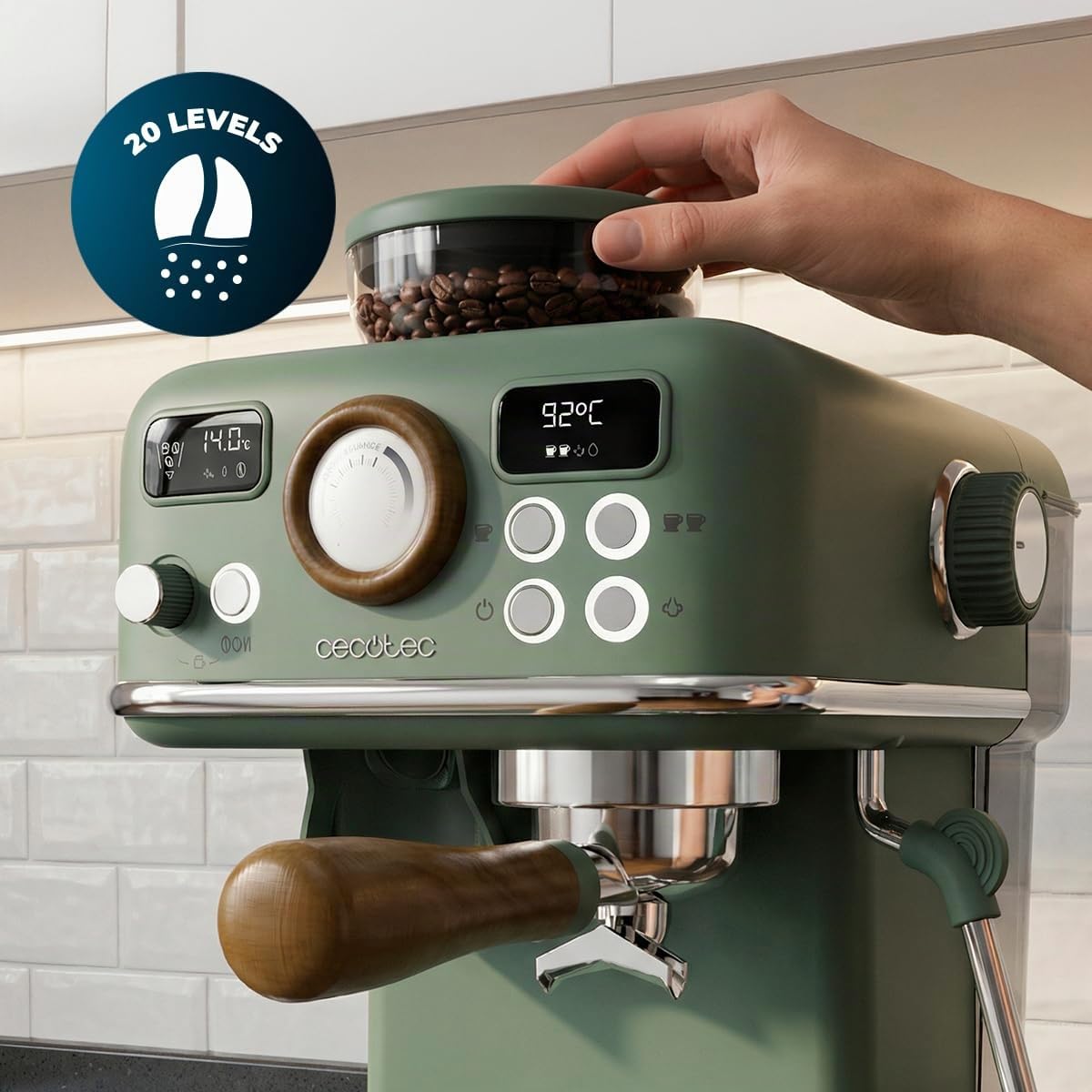 Cecotec Espressomaschine Power Espresso 20 Tradizionale Grind. 1500 W, 20 Bar, PID-Temperatur, Thermoblock, integriertes Mahlwerk, Cold-Brew, Milchschäumer, 1,8 L, Manometer