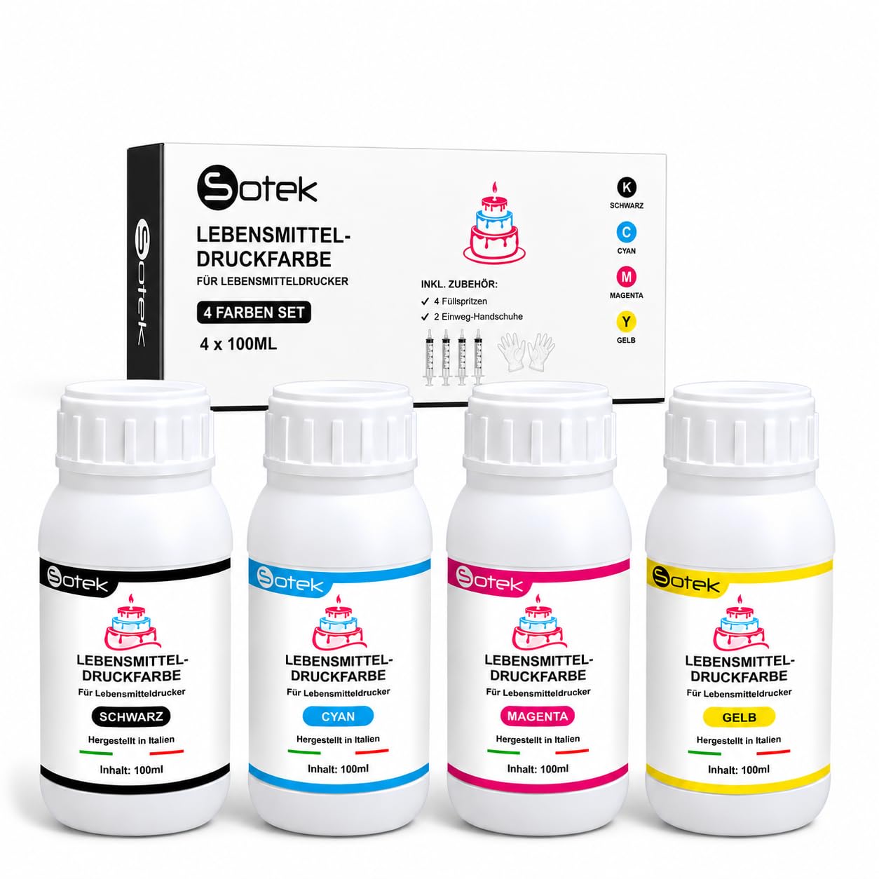 Sotek Lebensmitteltinte Essbare Drucker Tinte 4 Farben Set 100ml pro Flasche für alle Nachfüllbare Drucker