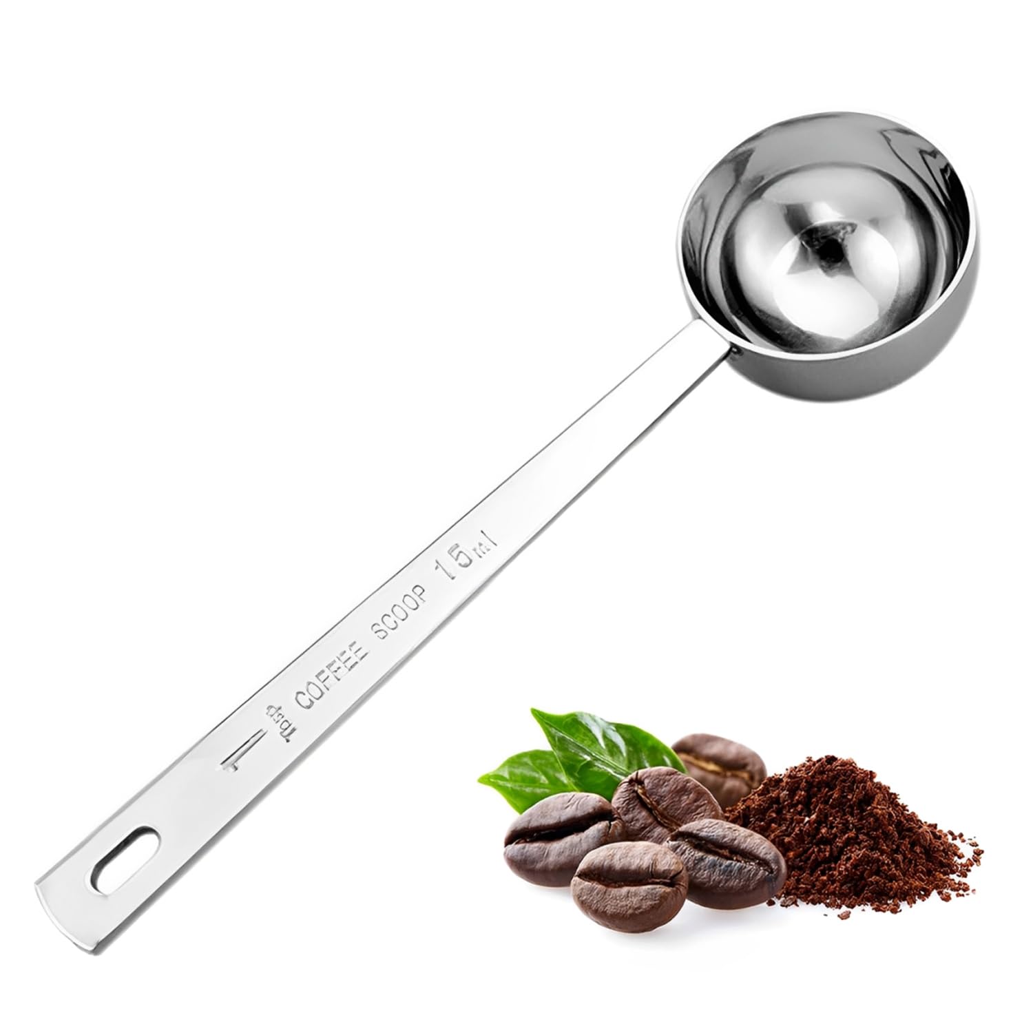 Kzouenzu Edelstahl Kaffeelöffel, 15ml Kaffeedosierlöffel, Kaffeelot, Kaffeelöffel mit Langem Griff, für Tee Kaffeesatz, Bohnen, Gewürze(Silber)