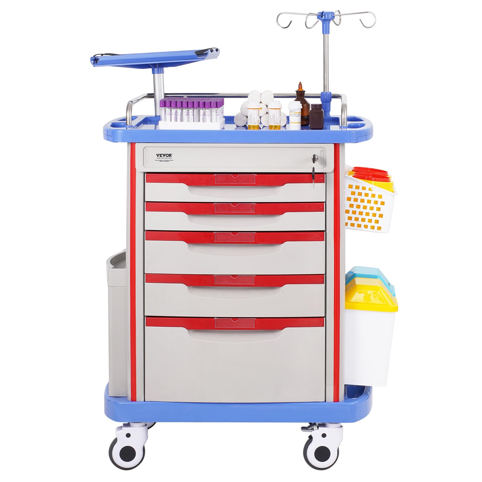 VEVOR Carrello da Laboratorio 5 Ripiani con Cassetti e Ruote Silenziose, PP, Blu